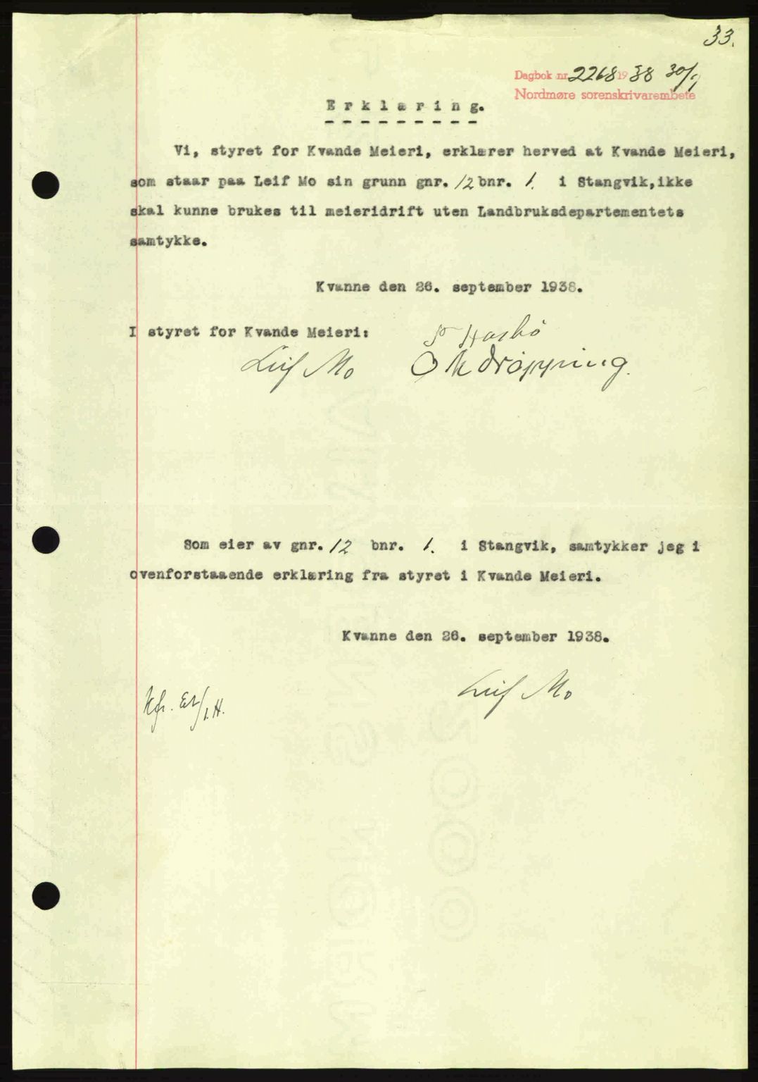 Nordmøre sorenskriveri, SAT/A-4132/1/2/2Ca: Mortgage book no. B84, 1938-1939, Diary no: : 2268/1938