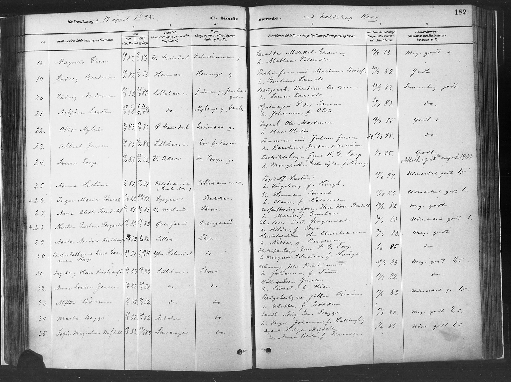 Fåberg prestekontor, SAH/PREST-086/H/Ha/Haa/L0010: Parish register (official) no. 10, 1879-1900, p. 182