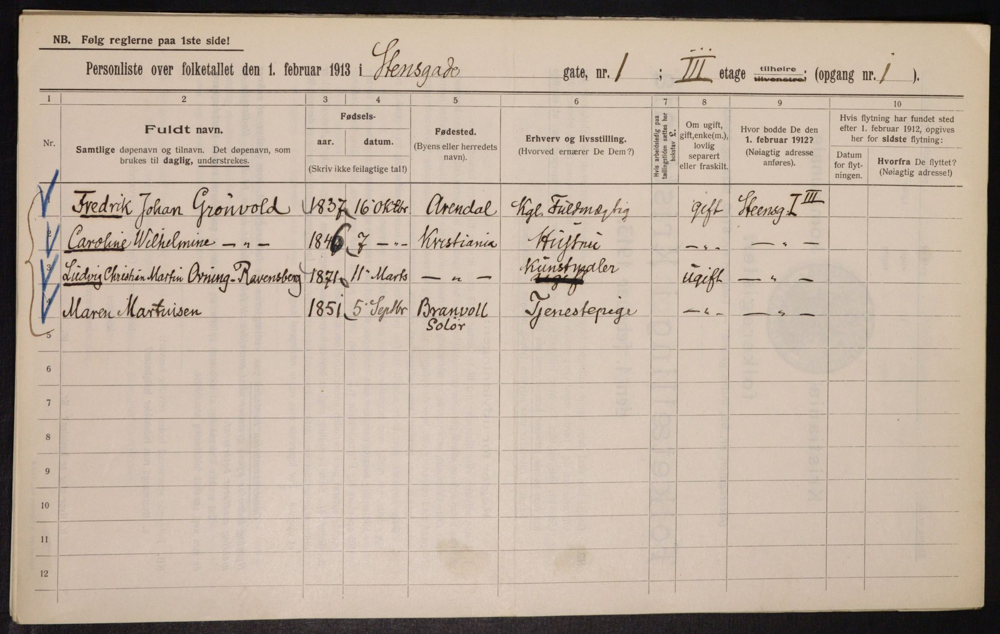 OBA, Municipal Census 1913 for Kristiania, 1913, p. 101851