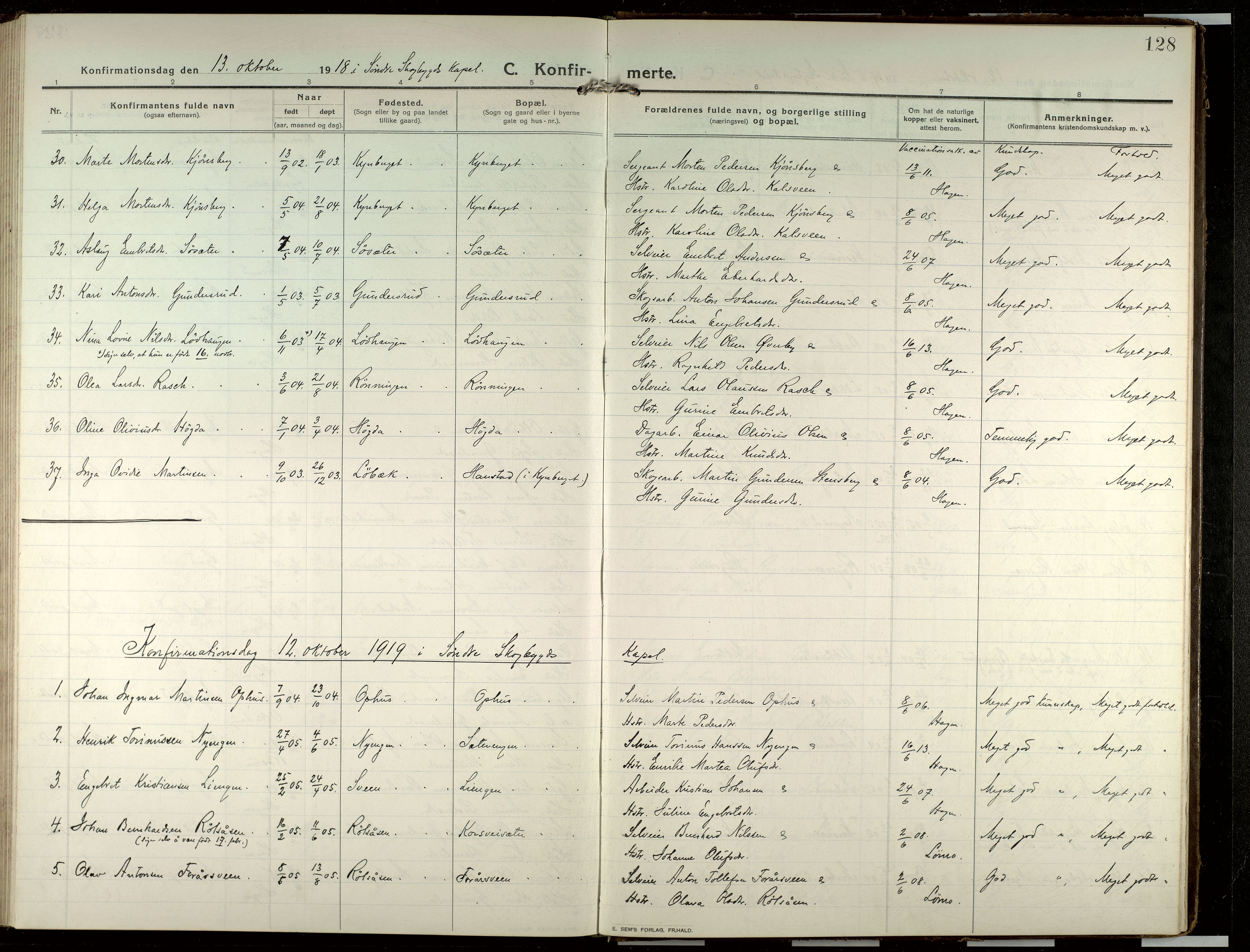 Elverum prestekontor, AV/SAH-PREST-044/H/Ha/Haa/L0022: Parish register (official) no. 22, 1913-1924, p. 128