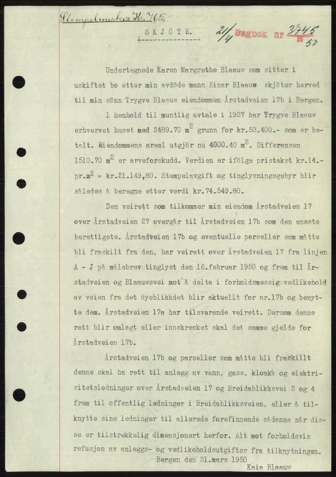 Byfogd og Byskriver i Bergen, AV/SAB-A-3401/03/03Bc/L0032: Mortgage book no. A26, 1950-1950, Diary no: : 3745/1950