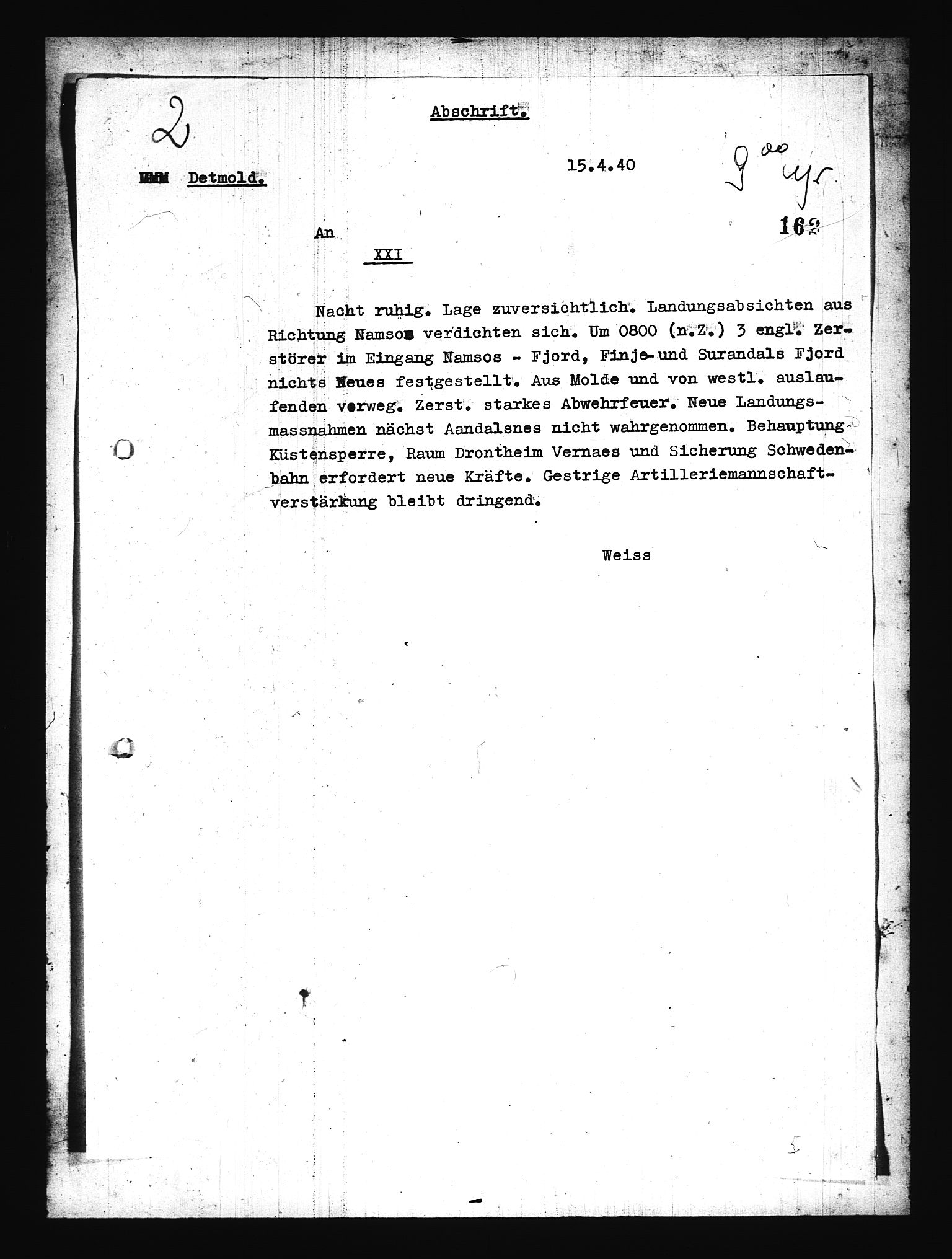 Documents Section, RA/RAFA-2200/V/L0076: Amerikansk mikrofilm "Captured German Documents".
Box No. 715.  FKA jnr. 619/1954., 1940, p. 3