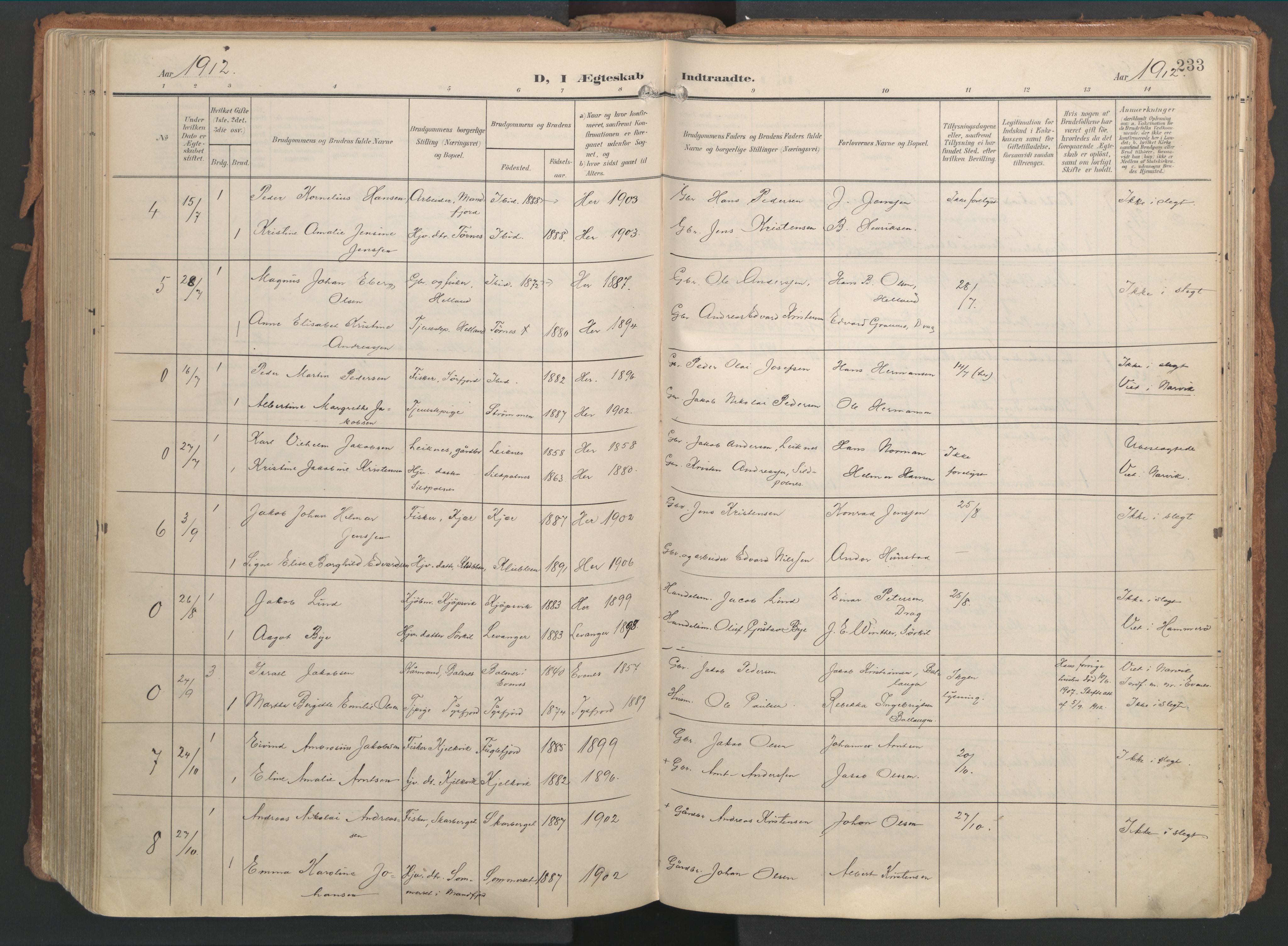 Ministerialprotokoller, klokkerbøker og fødselsregistre - Nordland, AV/SAT-A-1459/861/L0871: Parish register (official) no. 861A06, 1903-1916, p. 233