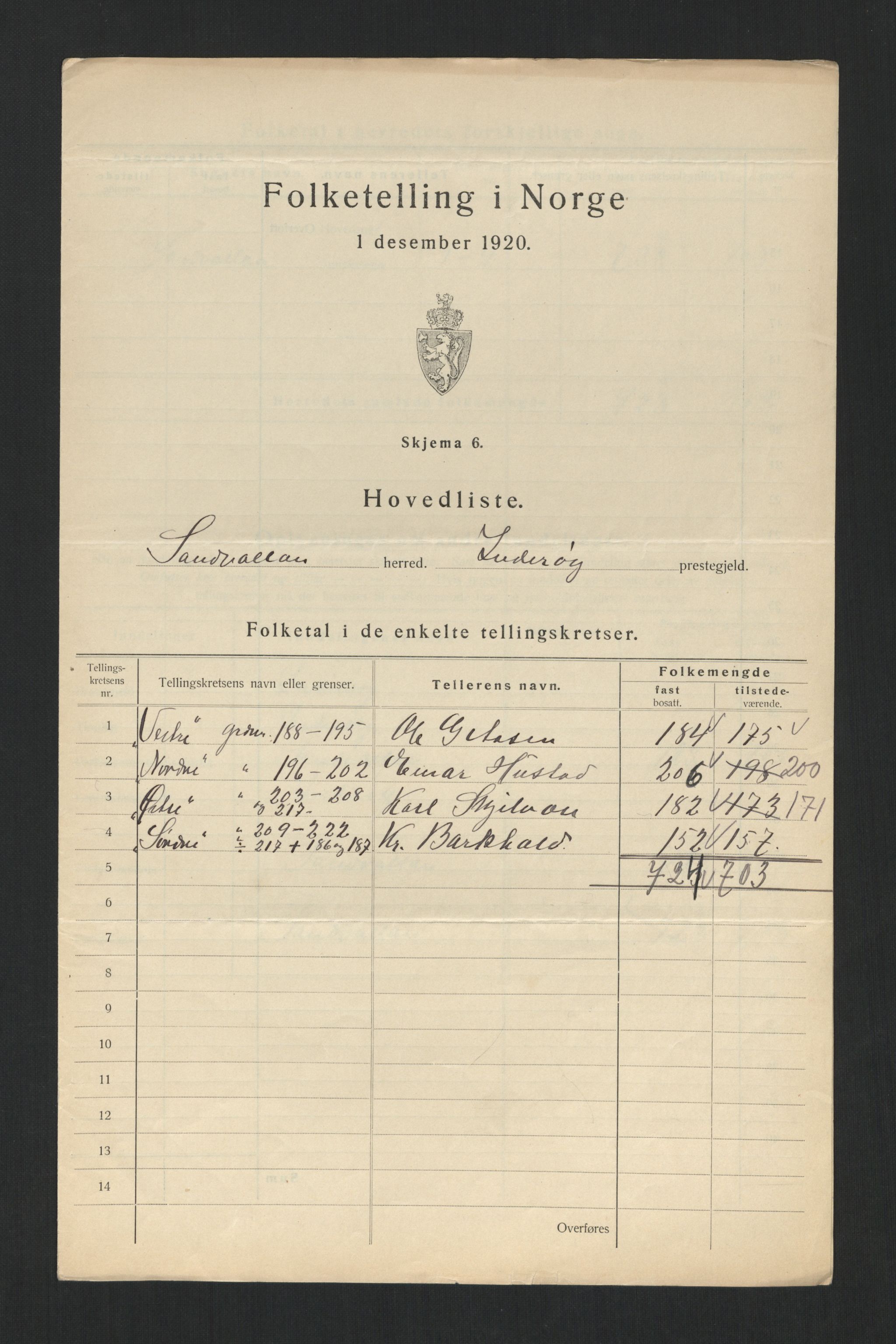 SAT, 1920 census for Sandvollan, 1920, p. 6