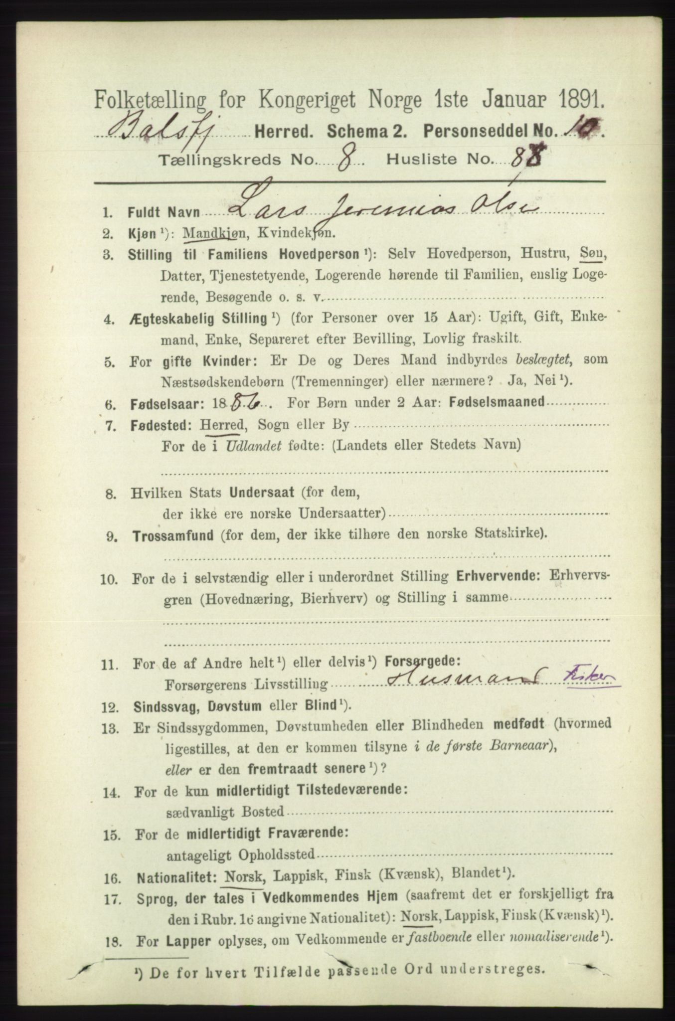 RA, 1891 census for 1933 Balsfjord, 1891, p. 3069