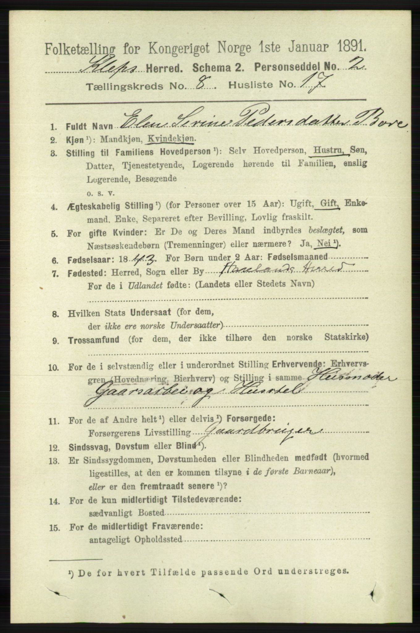 RA, 1891 census for 1120 Klepp, 1891, p. 2620