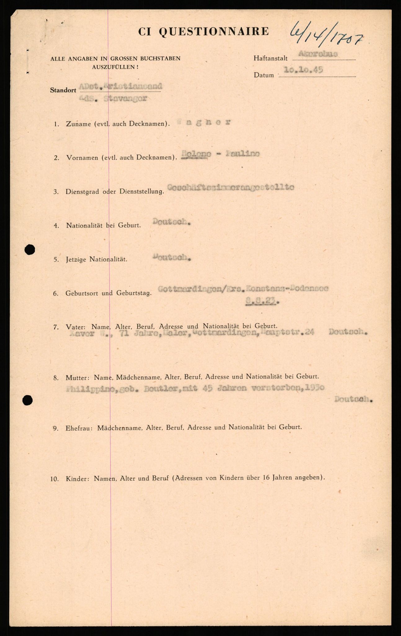 Forsvaret, Forsvarets overkommando II, AV/RA-RAFA-3915/D/Db/L0034: CI Questionaires. Tyske okkupasjonsstyrker i Norge. Tyskere., 1945-1946, p. 382