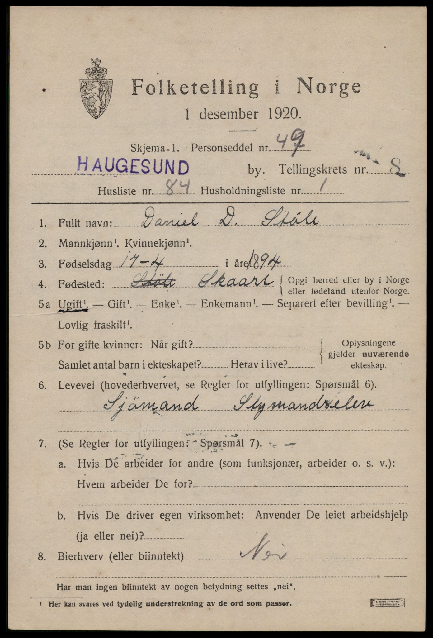 SAST, 1920 census for Haugesund, 1920, p. 29033