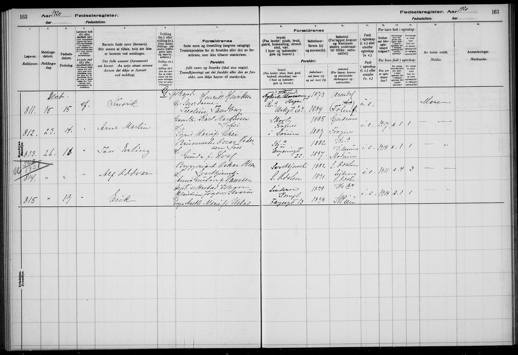 Rikshospitalet prestekontor Kirkebøker, SAO/A-10309b/J/L0005: Birth register no. 5, 1920-1920, p. 163