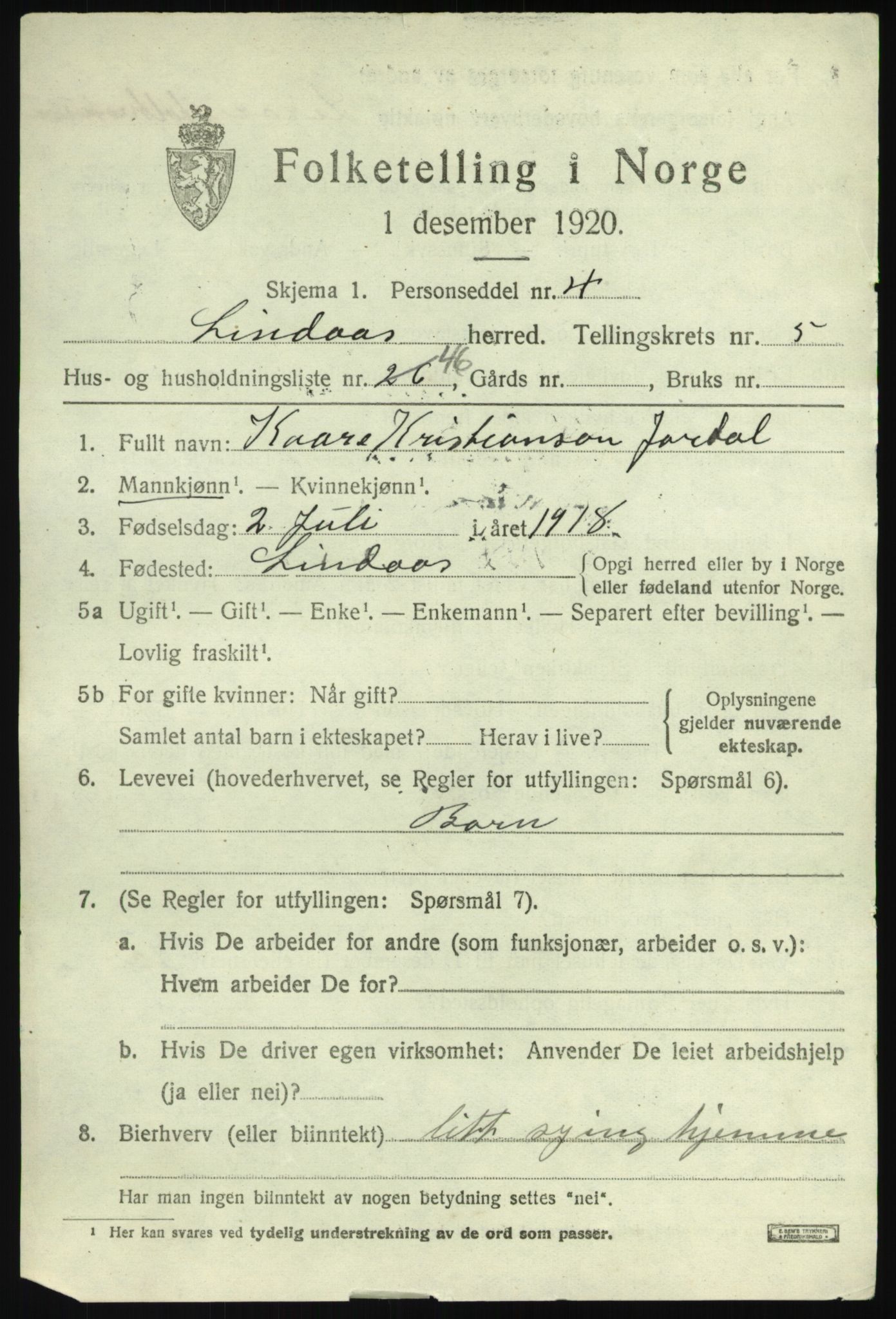 SAB, 1920 census for Lindås, 1920, p. 3459