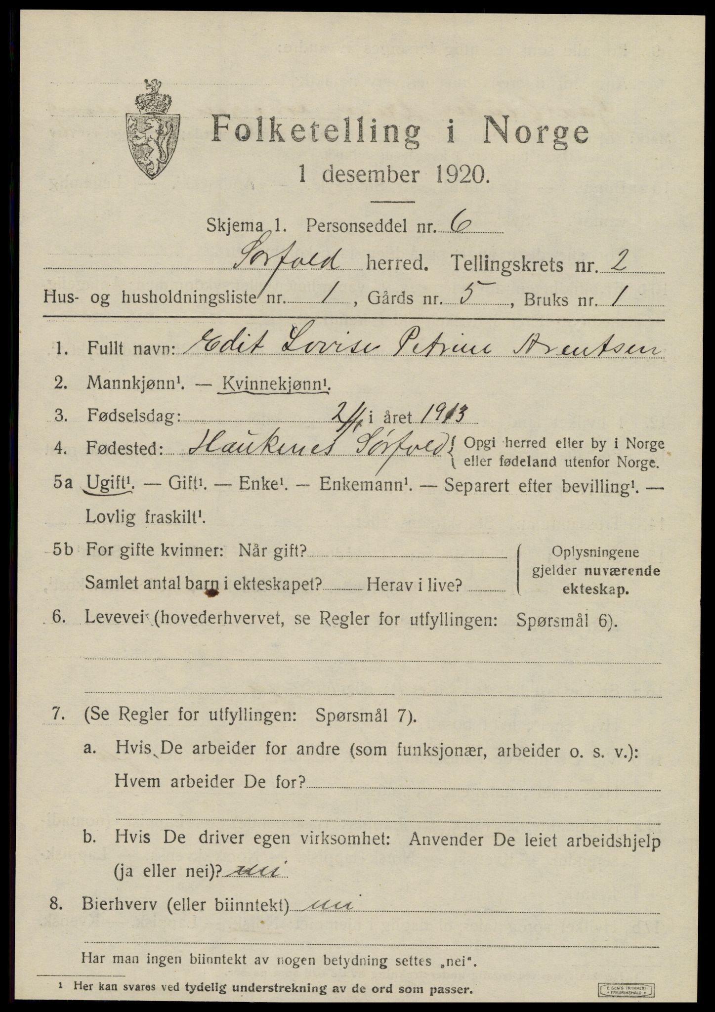 SAT, 1920 census for Sørfold, 1920, p. 1351