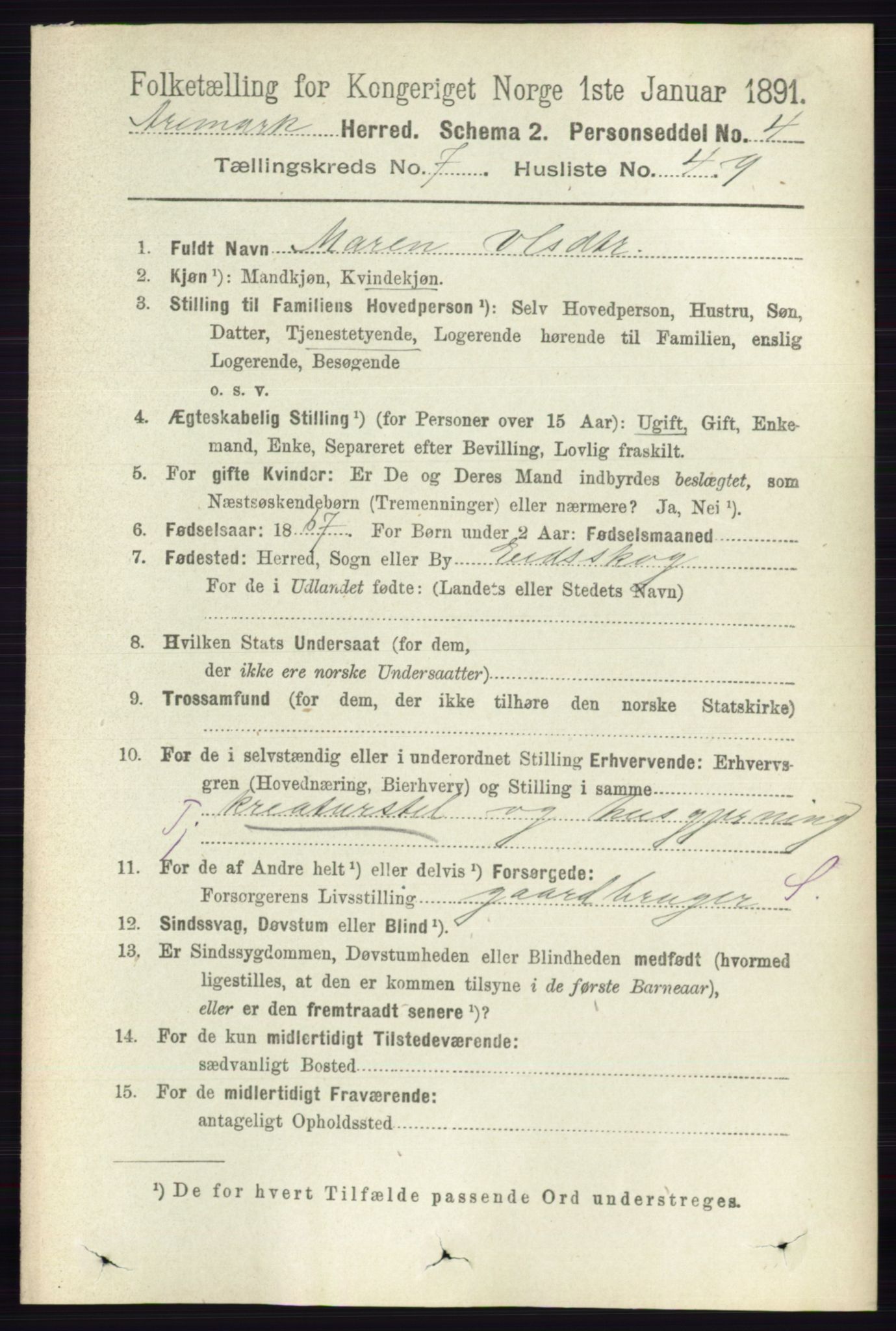 RA, 1891 census for 0118 Aremark, 1891, p. 4203