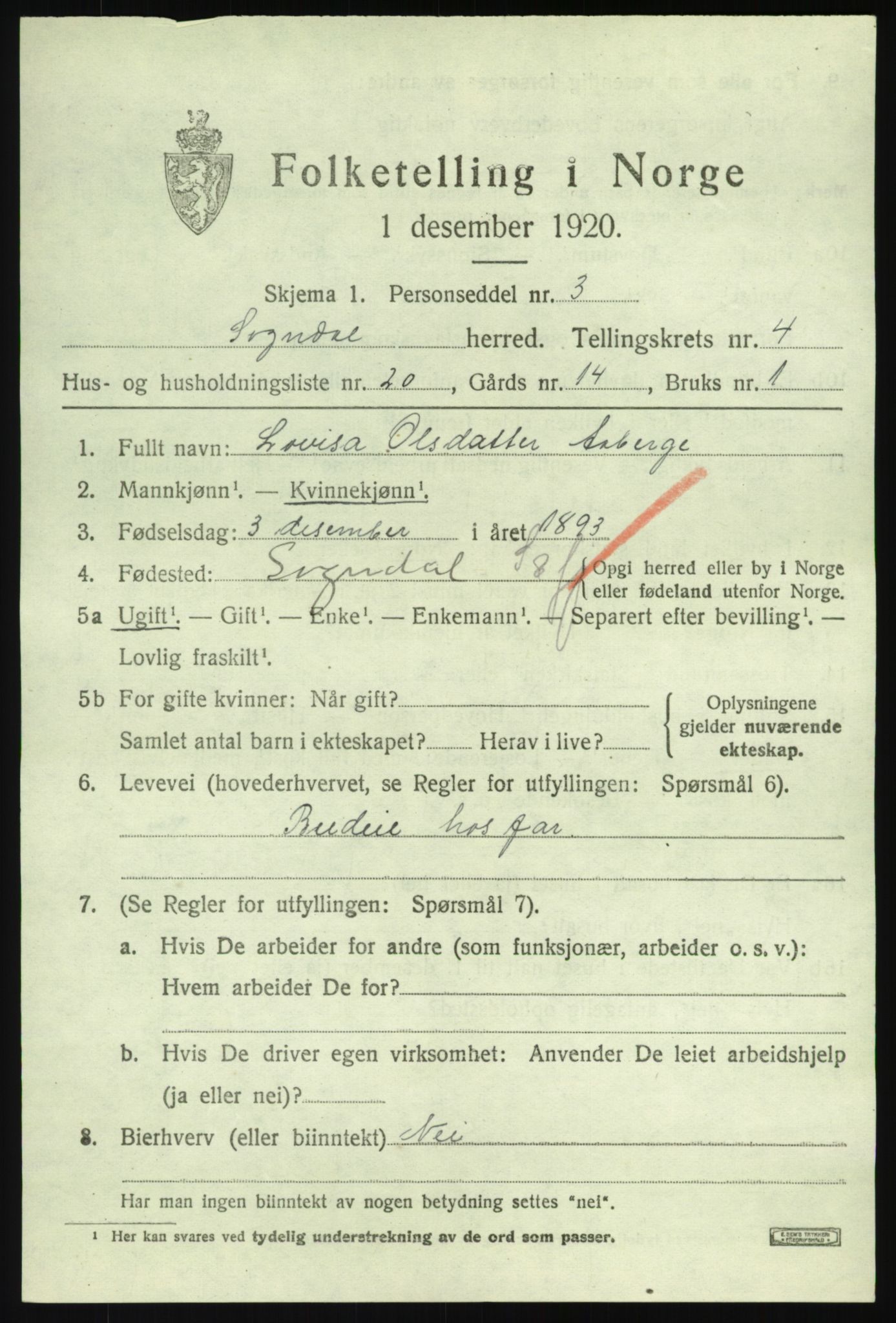 SAB, 1920 census for Sogndal, 1920, p. 2637