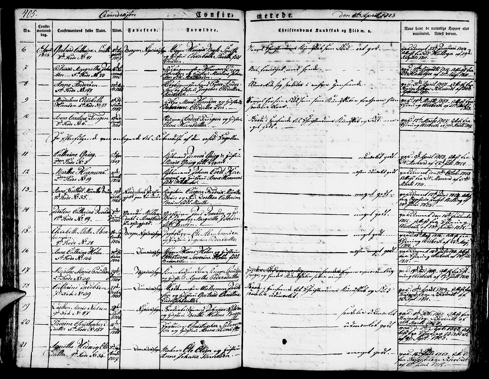 Nykirken Sokneprestembete, SAB/A-77101/H/Hab: Parish register (copy) no. A 5II, 1821-1843, p. 405