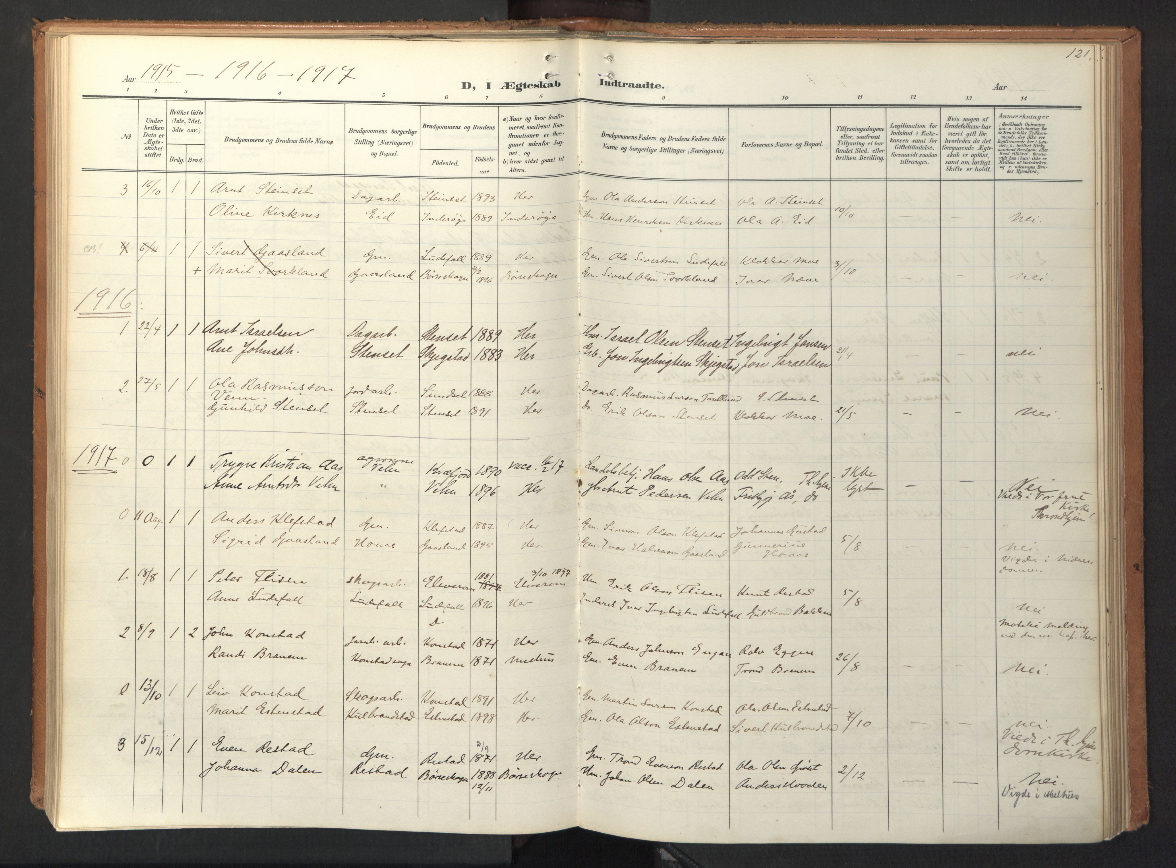 Ministerialprotokoller, klokkerbøker og fødselsregistre - Sør-Trøndelag, SAT/A-1456/694/L1128: Parish register (official) no. 694A02, 1906-1931, p. 121