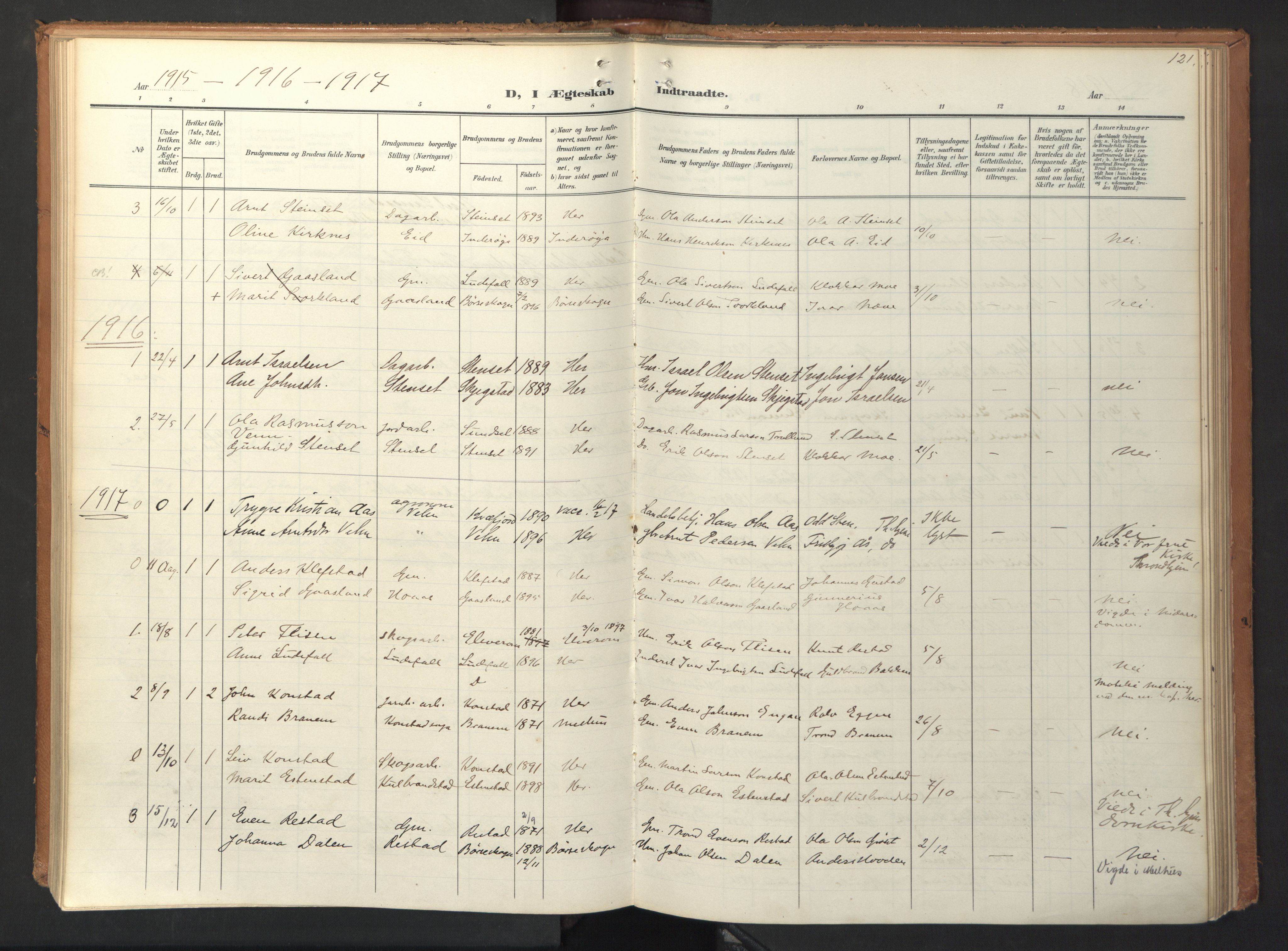 Ministerialprotokoller, klokkerbøker og fødselsregistre - Sør-Trøndelag, AV/SAT-A-1456/694/L1128: Parish register (official) no. 694A02, 1906-1931, p. 121