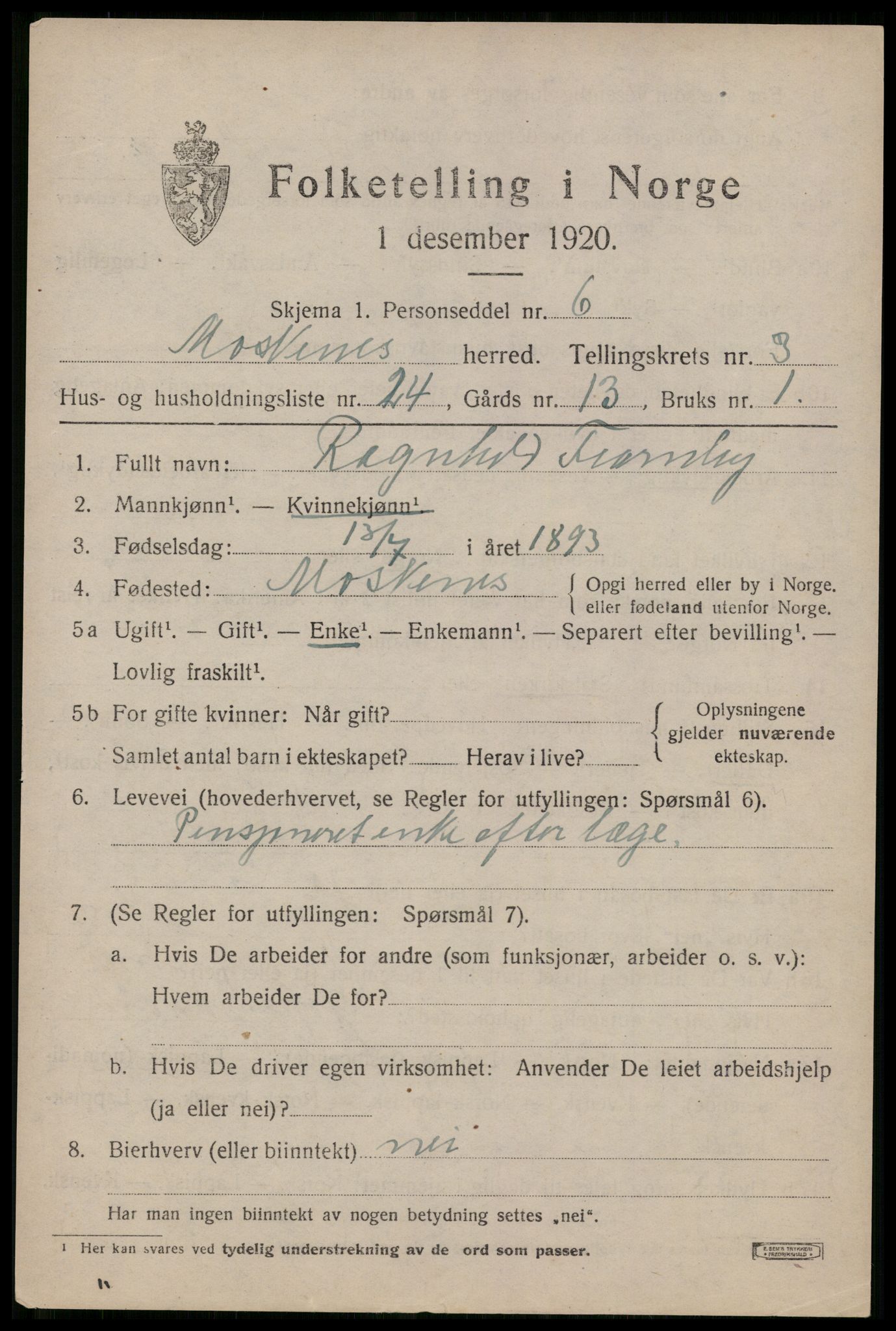 SAT, 1920 census for Moskenes, 1920, p. 1994