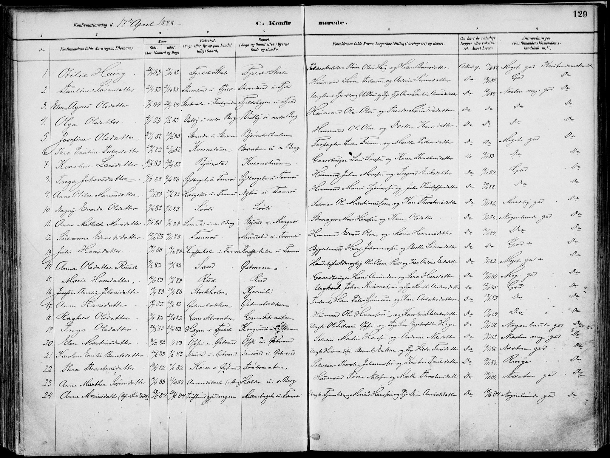 Nord-Odal prestekontor, SAH/PREST-032/H/Ha/Haa/L0008: Parish register (official) no. 8, 1886-1901, p. 129