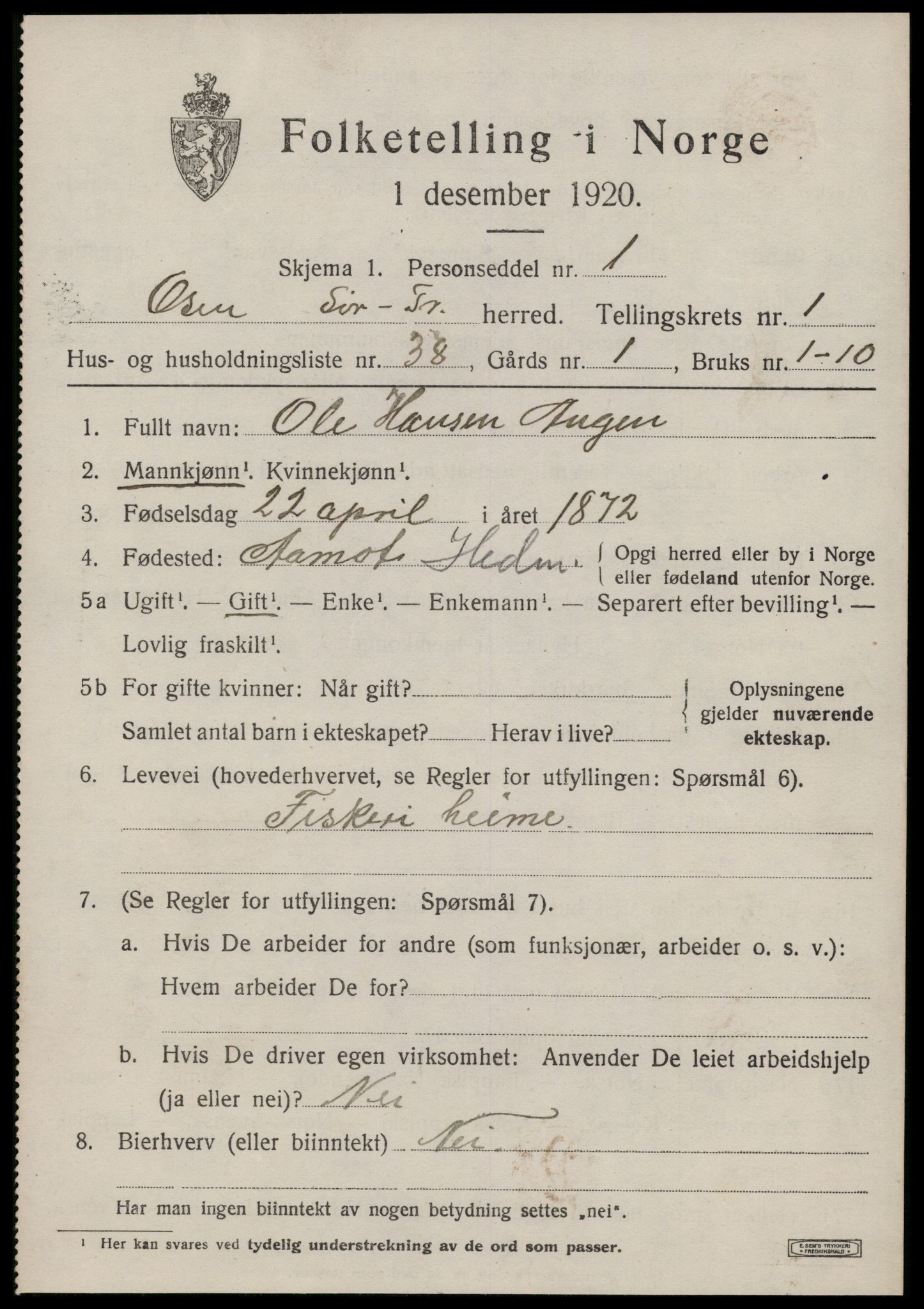 SAT, 1920 census for Osen, 1920, p. 1147