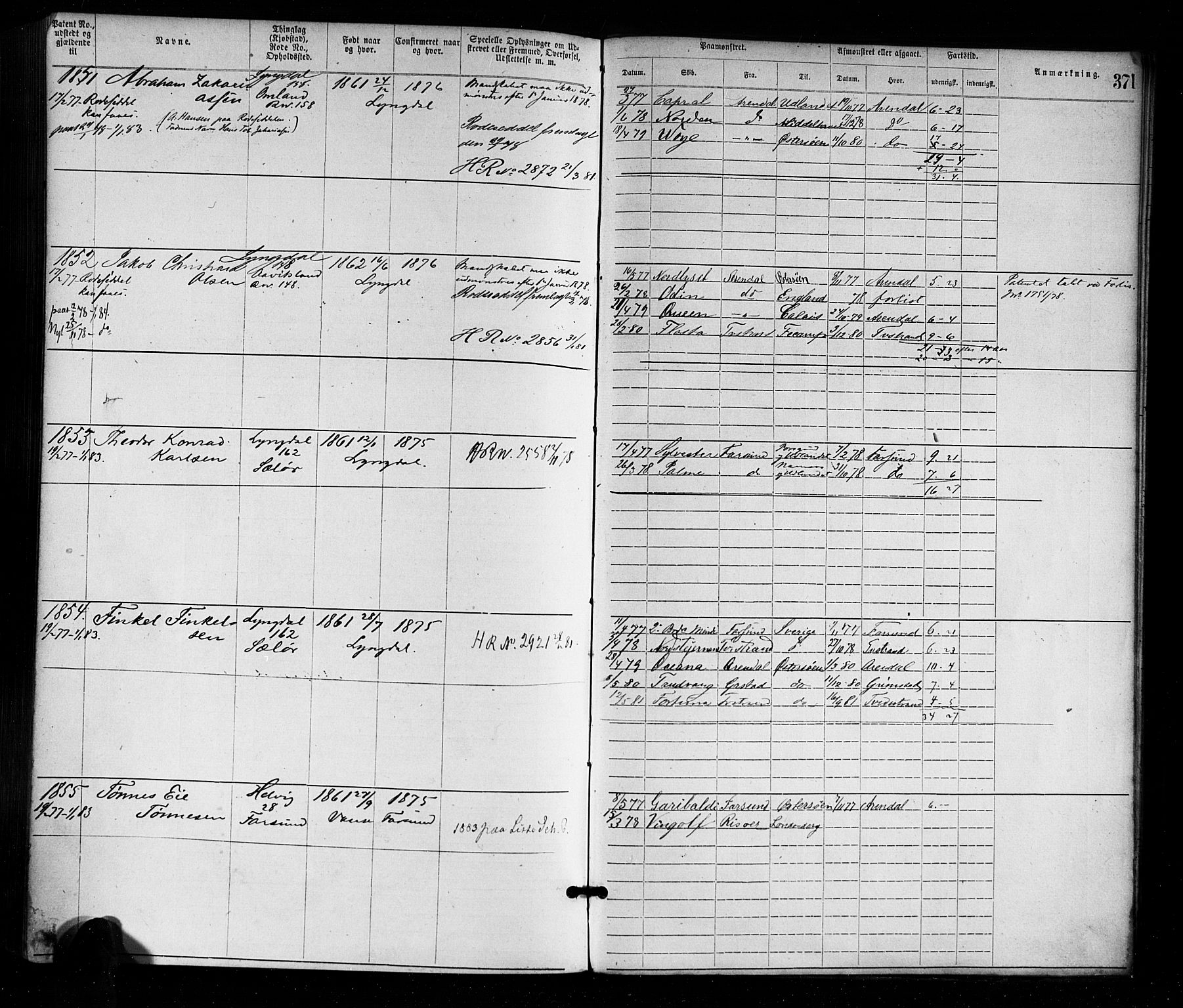 Farsund mønstringskrets, SAK/2031-0017/F/Fa/L0001: Annotasjonsrulle nr 1-1920 med register, M-1, 1869-1877, p. 403