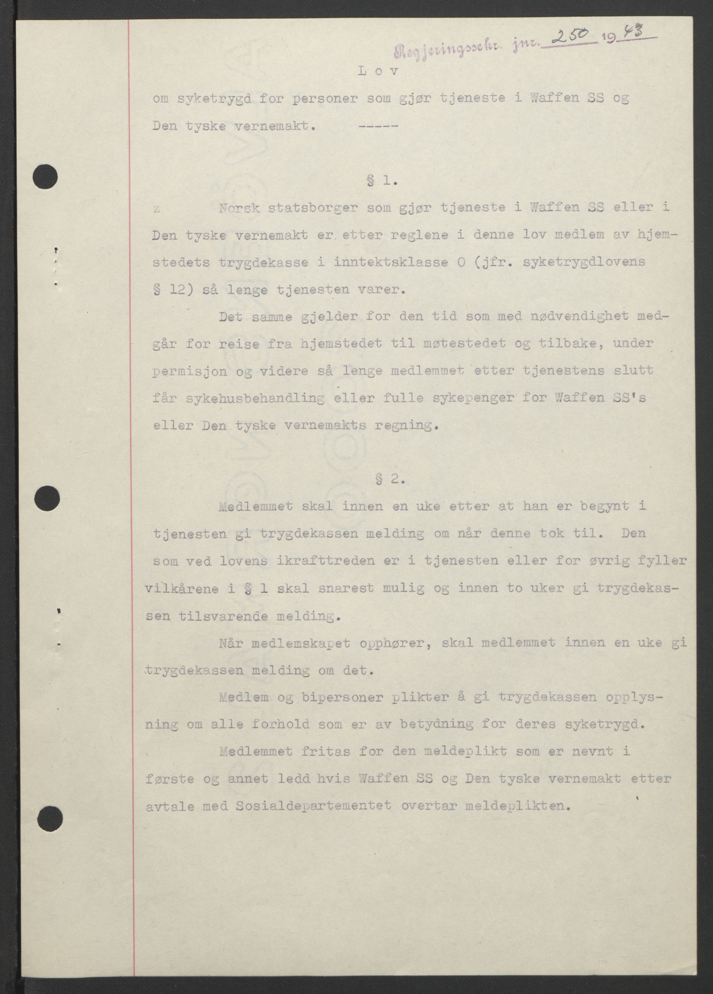 NS-administrasjonen 1940-1945 (Statsrådsekretariatet, de kommisariske statsråder mm), AV/RA-S-4279/D/Db/L0099: Lover, 1943, p. 499