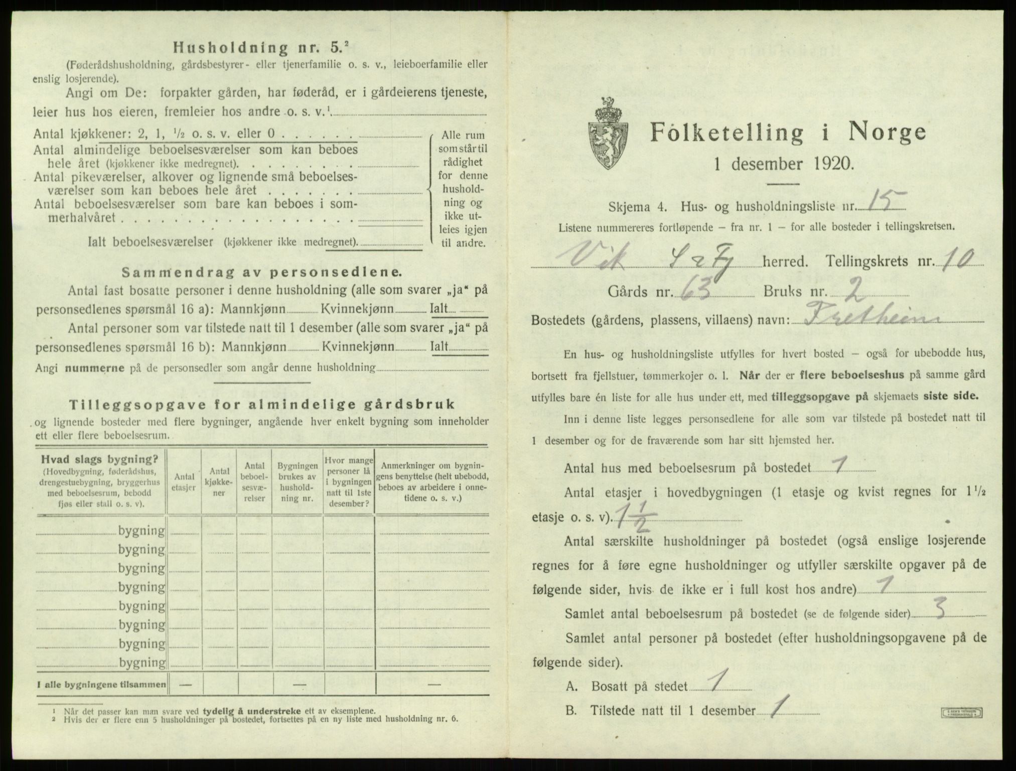 SAB, 1920 census for Vik, 1920, p. 1019