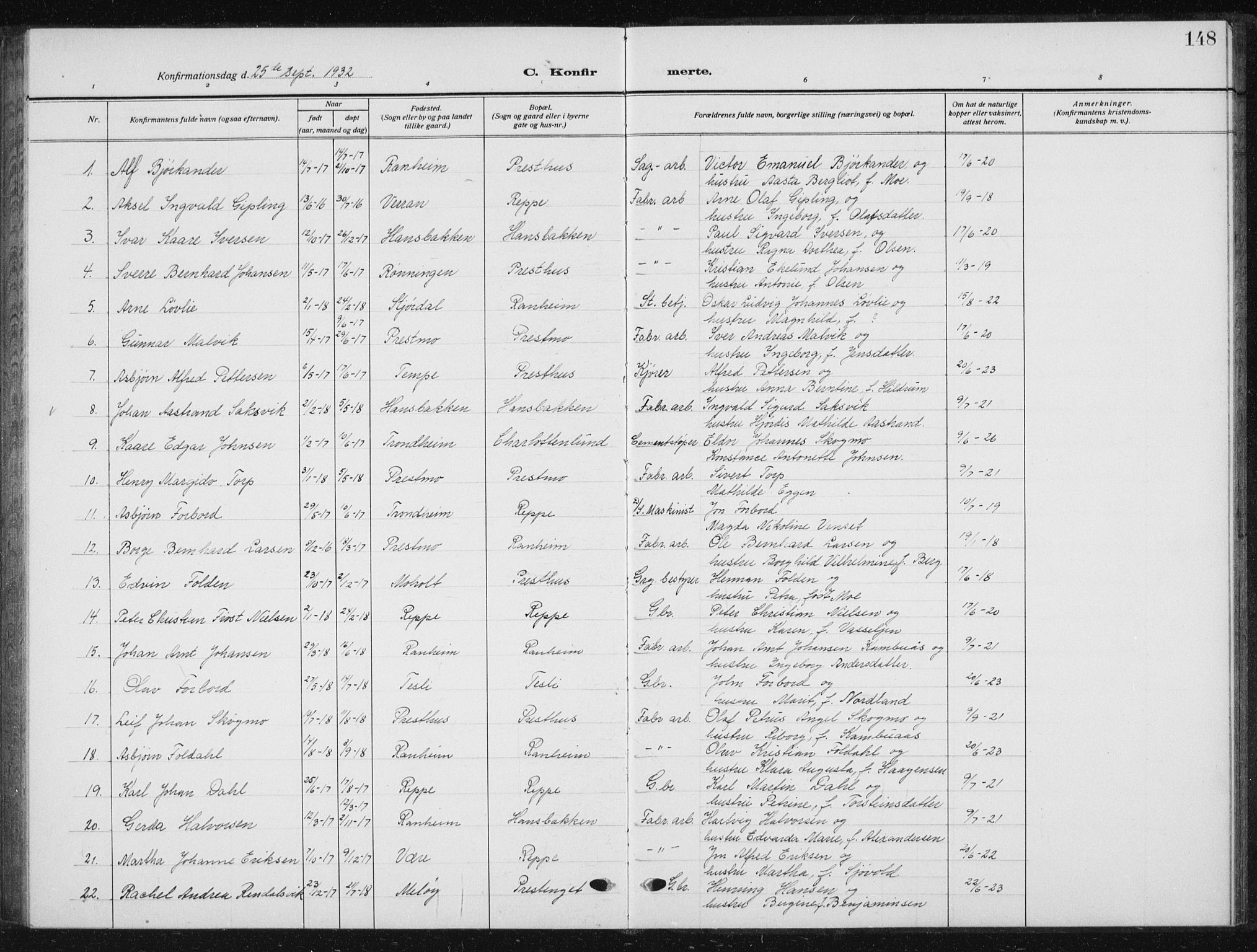 Ministerialprotokoller, klokkerbøker og fødselsregistre - Sør-Trøndelag, SAT/A-1456/615/L0401: Parish register (copy) no. 615C02, 1922-1941, p. 148