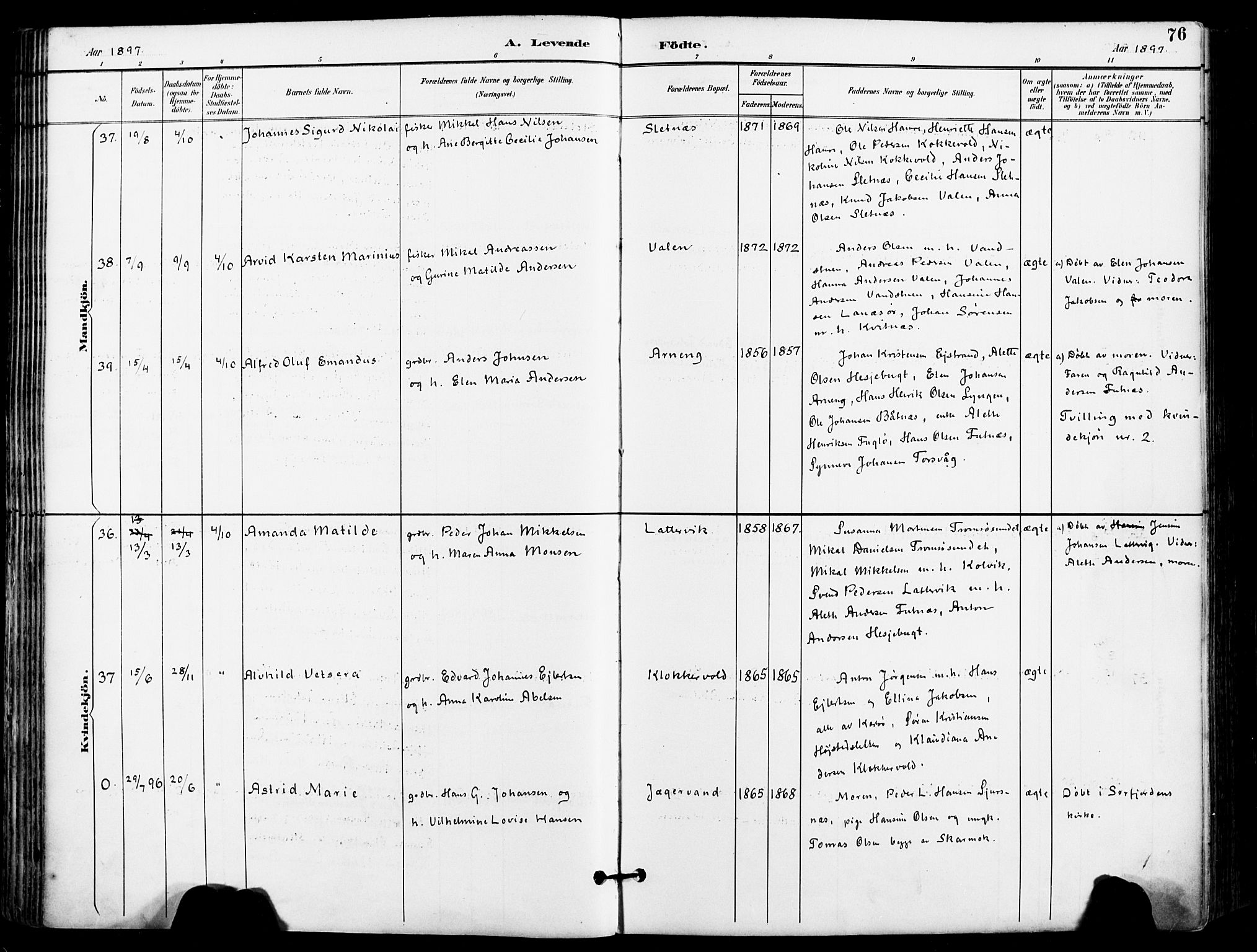 Karlsøy sokneprestembete, AV/SATØ-S-1299/H/Ha/Haa/L0007kirke: Parish register (official) no. 7, 1891-1902, p. 76