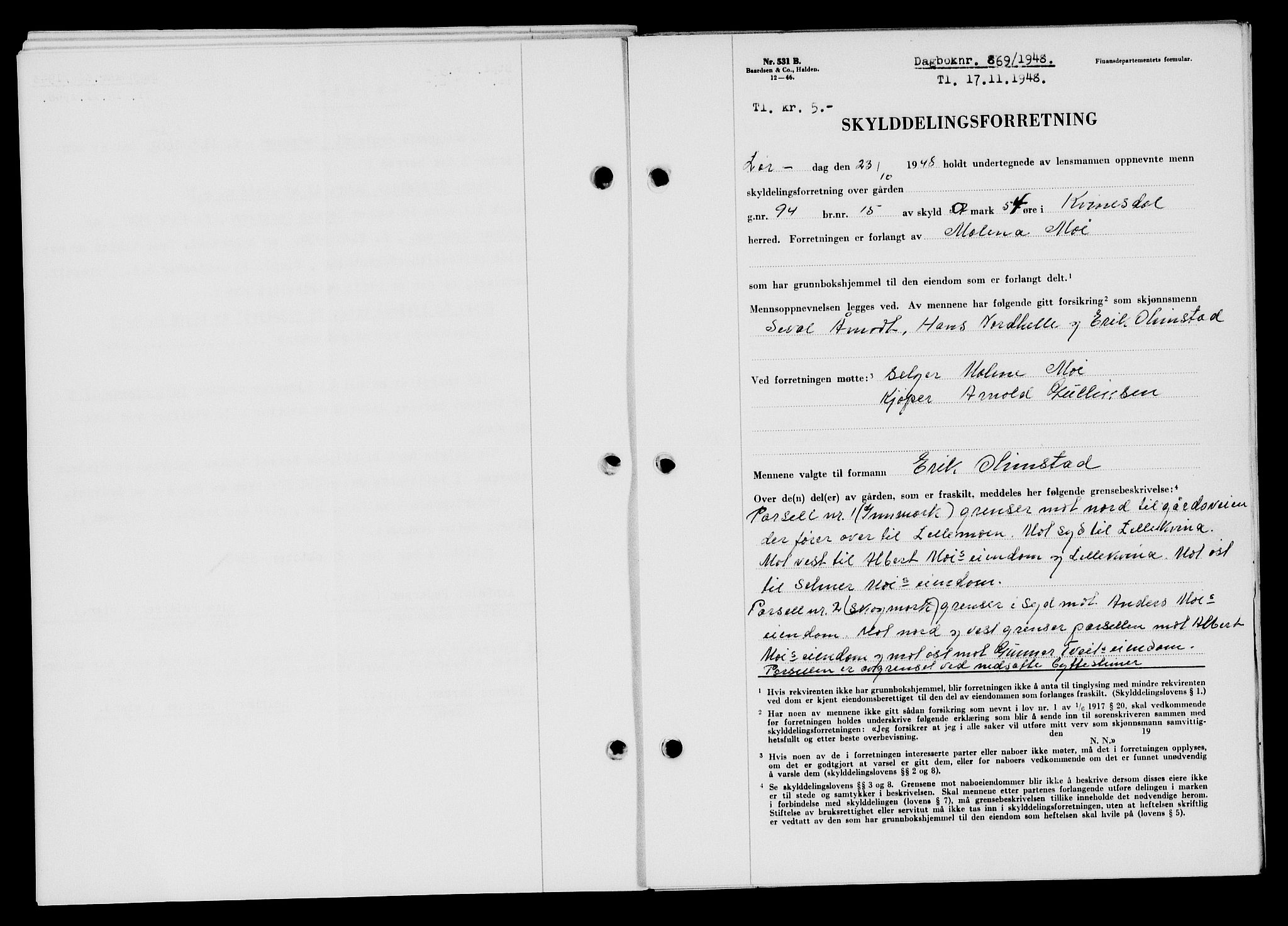 Flekkefjord sorenskriveri, SAK/1221-0001/G/Gb/Gba/L0064: Mortgage book no. A-12, 1948-1949, Diary no: : 869/1948