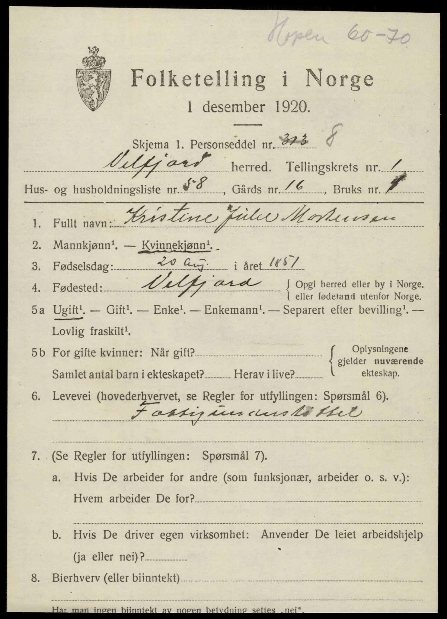 SAT, 1920 census for Velfjord, 1920, p. 1207