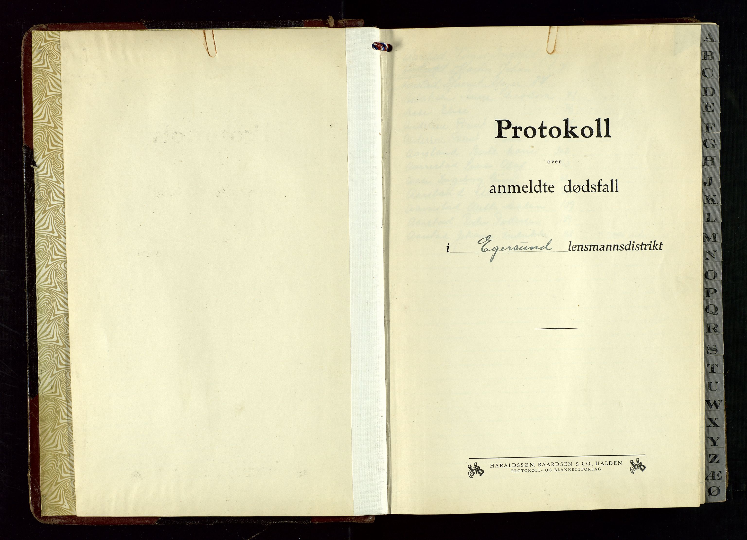 Eigersund lensmannskontor, AV/SAST-A-100171/Gga/L0014: "Protokoll over anmeldte dødsfall" m/alfabetisk navneregister, 1938-1941