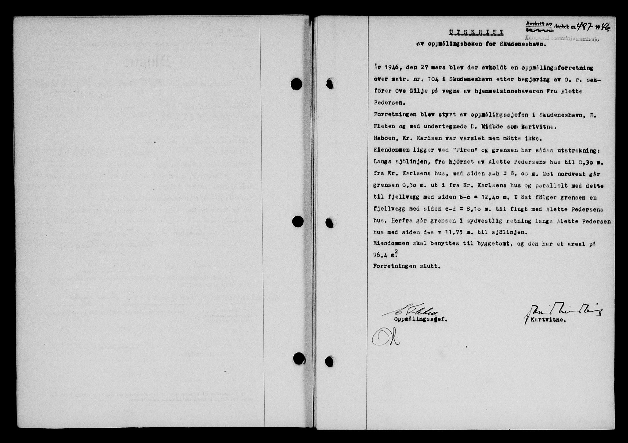 Karmsund sorenskriveri, AV/SAST-A-100311/01/II/IIB/L0085: Mortgage book no. 66A, 1946-1946, Diary no: : 487/1946