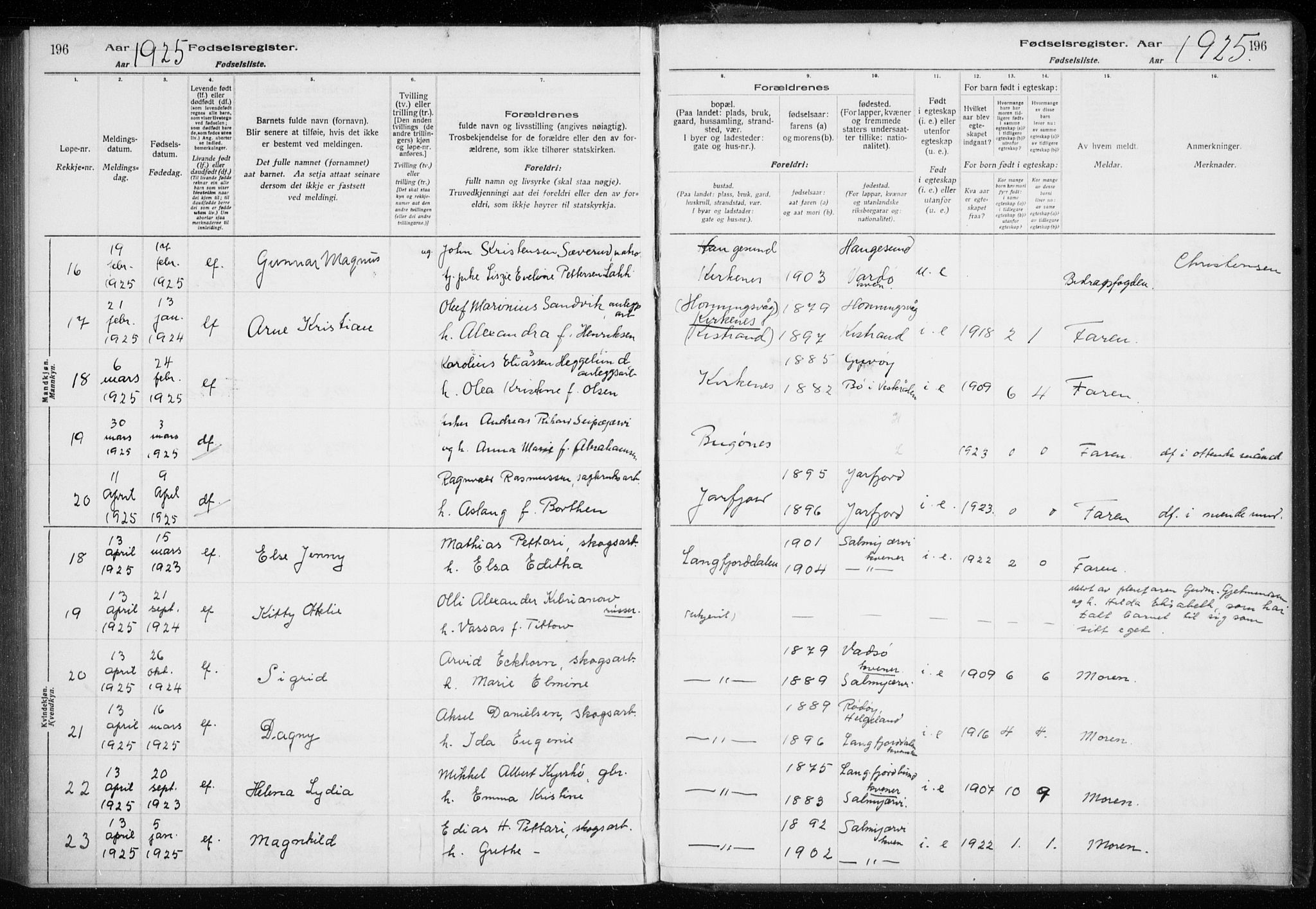 Sør-Varanger sokneprestkontor, AV/SATØ-S-1331/I/Ia/L0016: Birth register no. 16, 1915-1925, p. 196