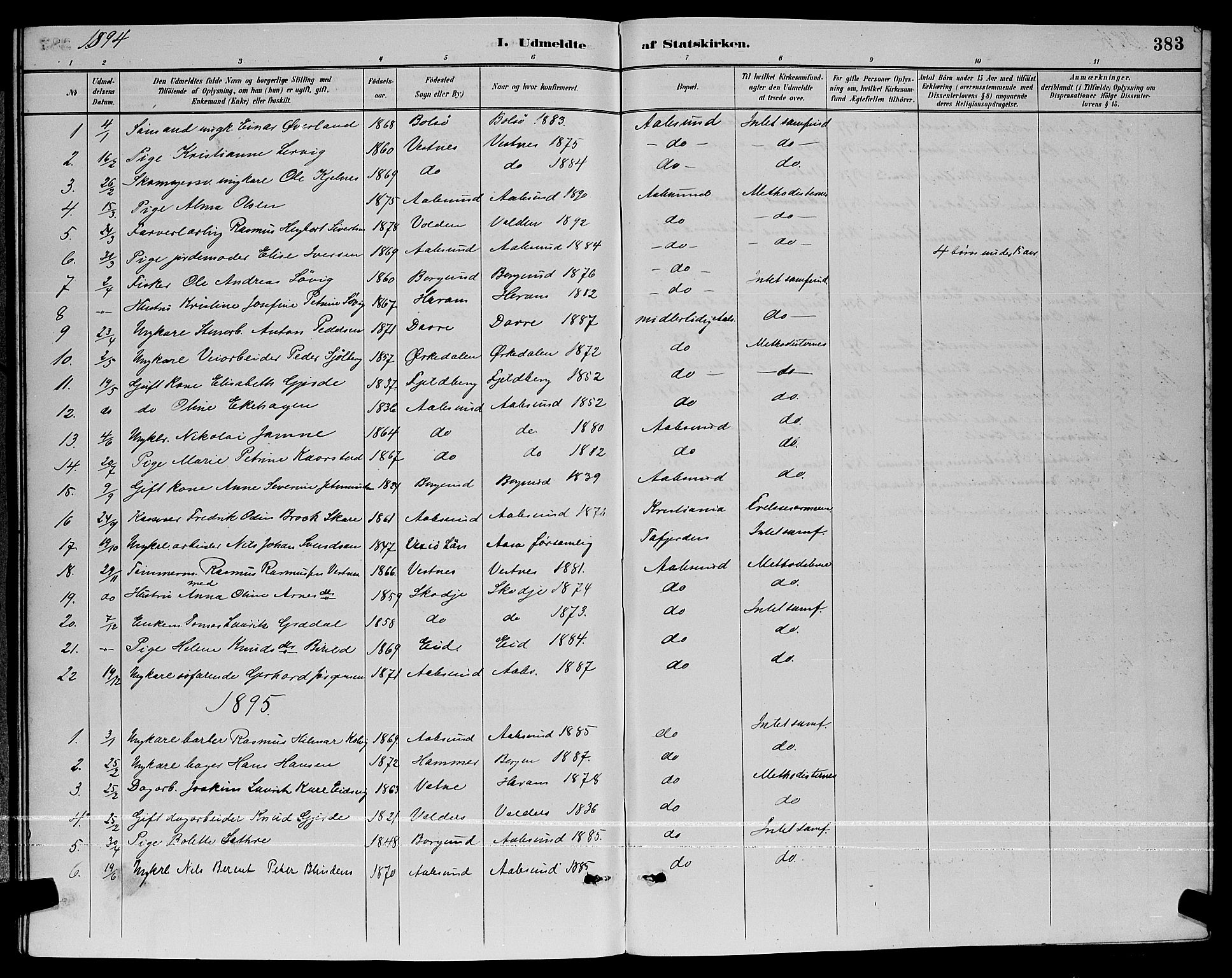 Ministerialprotokoller, klokkerbøker og fødselsregistre - Møre og Romsdal, AV/SAT-A-1454/529/L0467: Parish register (copy) no. 529C04, 1889-1897, p. 383