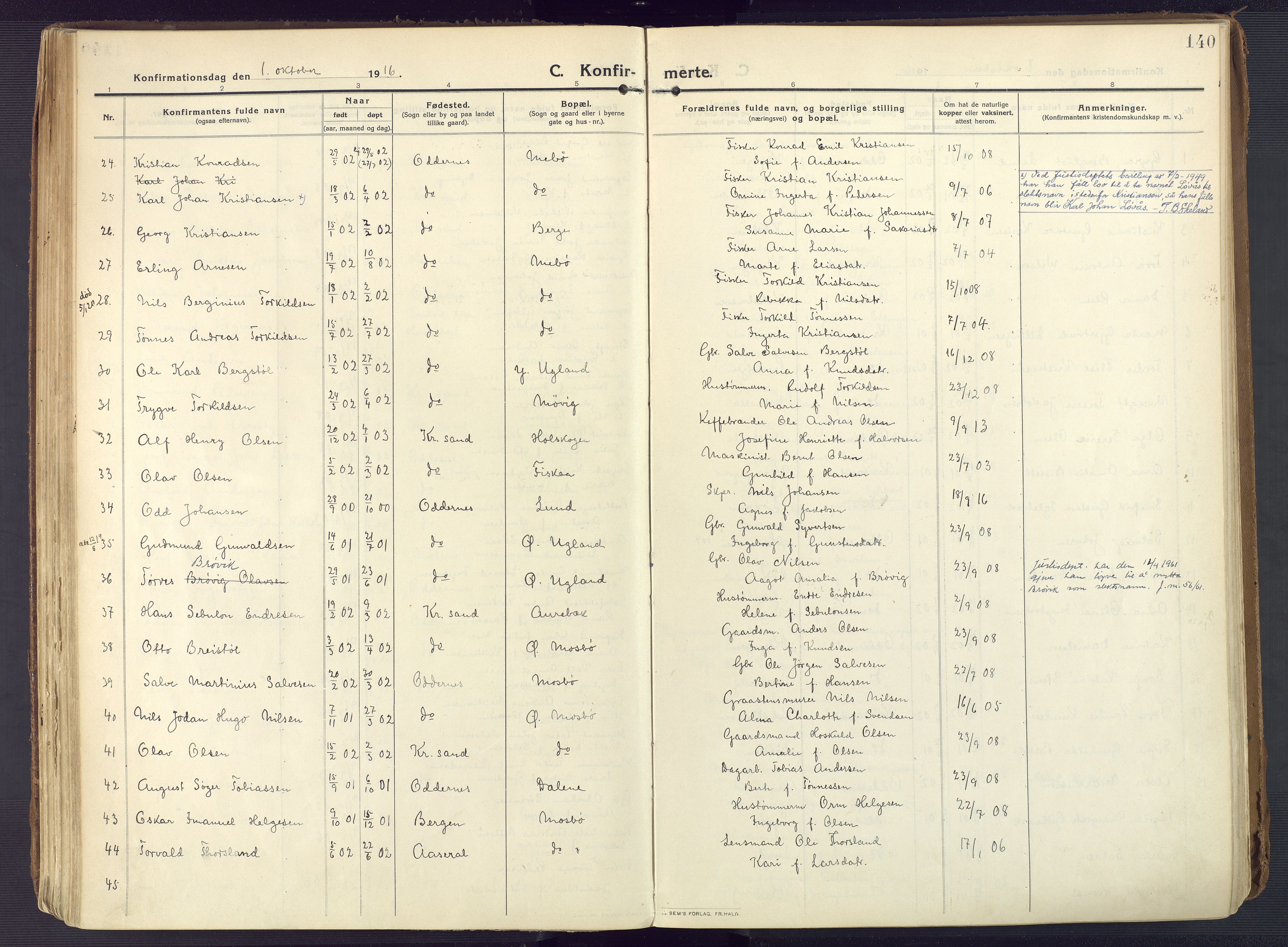 Oddernes sokneprestkontor, AV/SAK-1111-0033/F/Fa/Faa/L0012: Parish register (official) no. A 12, 1912-1925, p. 140