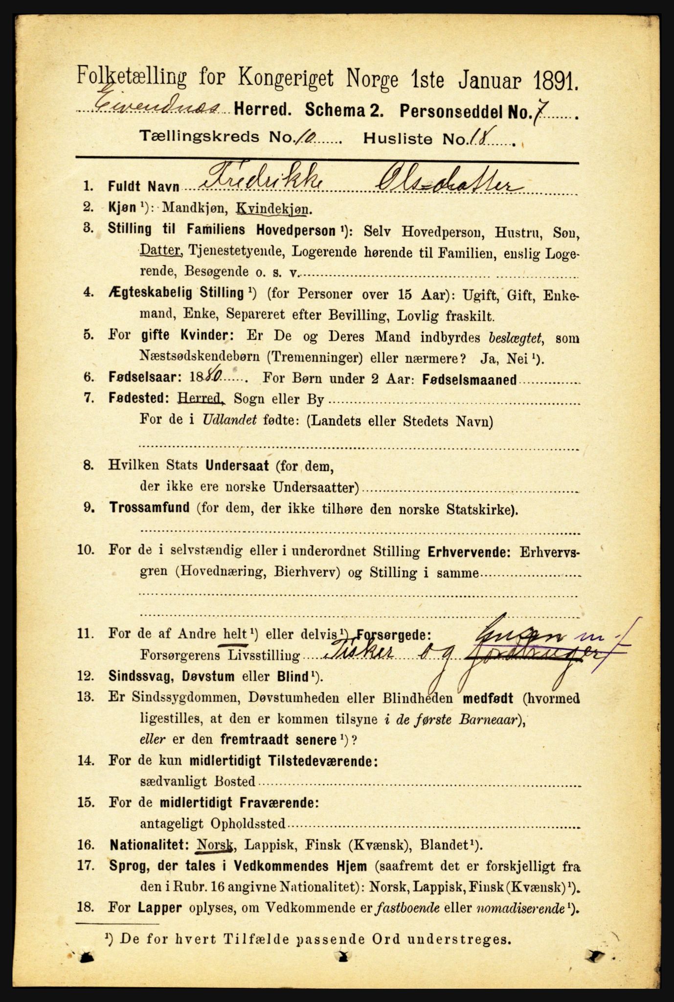 RA, 1891 census for 1853 Evenes, 1891, p. 3268