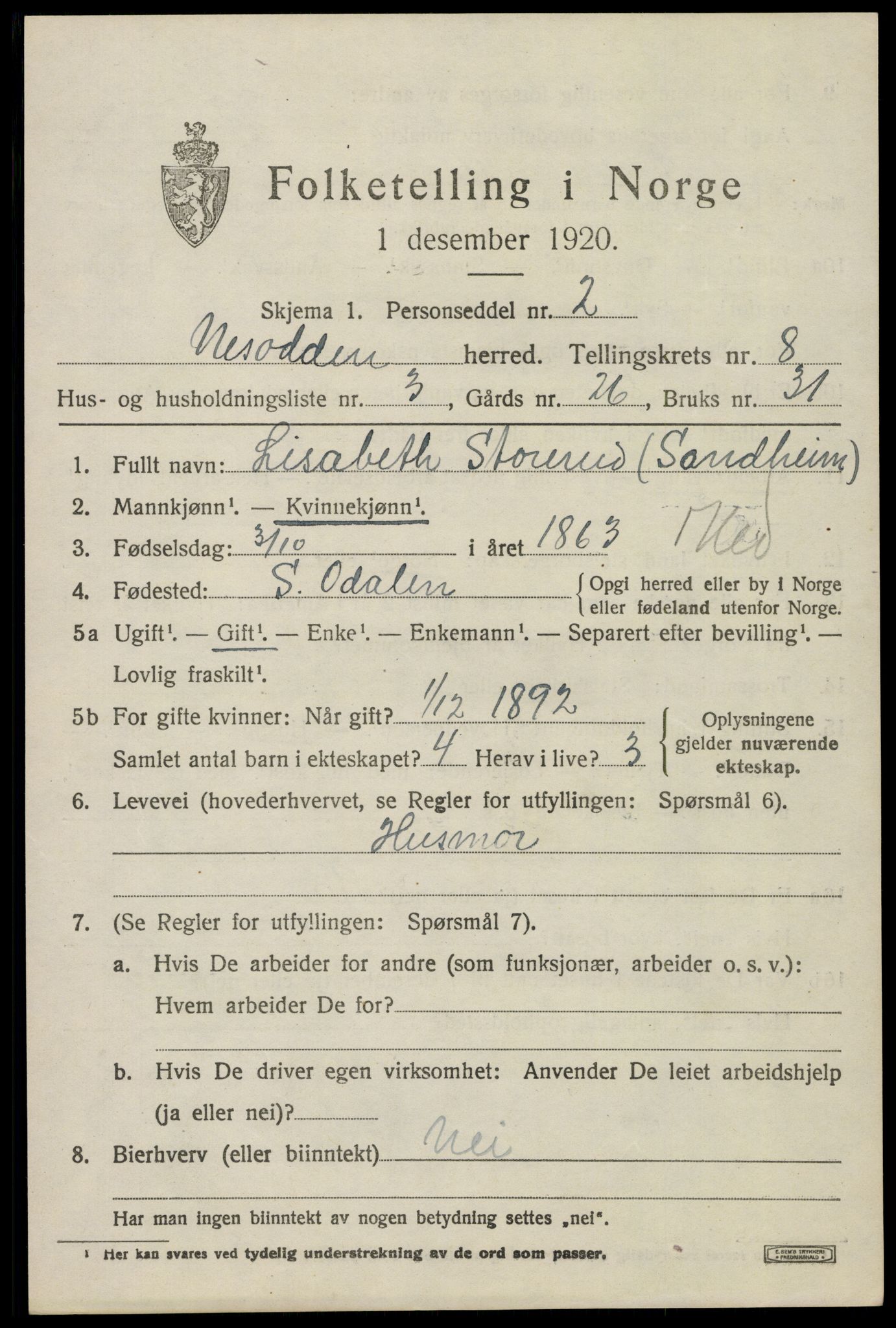 SAO, 1920 census for Nesodden, 1920, p. 6277