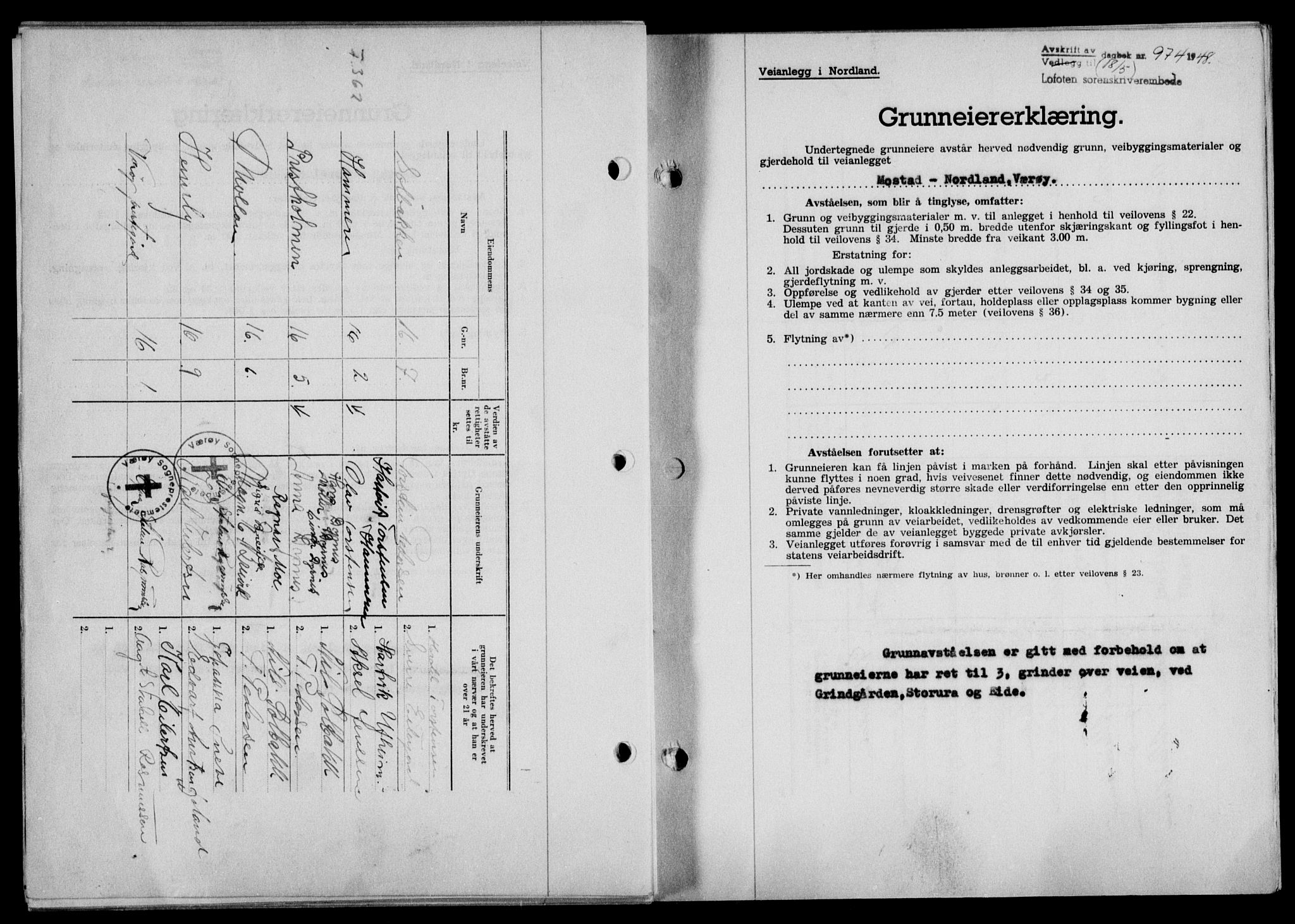 Lofoten sorenskriveri, SAT/A-0017/1/2/2C/L0018a: Mortgage book no. 18a, 1948-1948, Diary no: : 974/1948