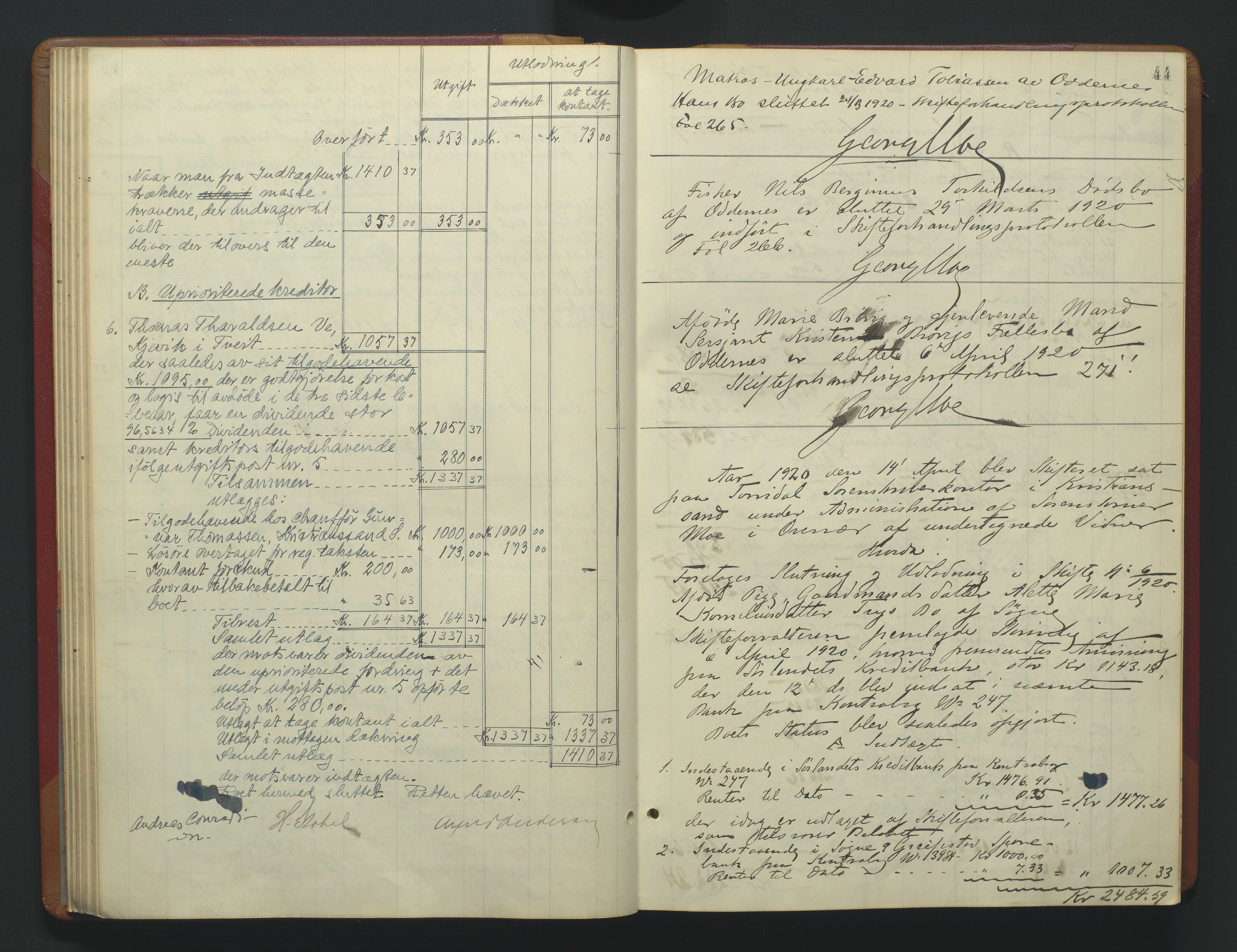 Torridal sorenskriveri, AV/SAK-1221-0012/H/Hc/L0037: Skifteutlodningsprotokoll med navneregister nr. 6, 1918-1927, p. 44