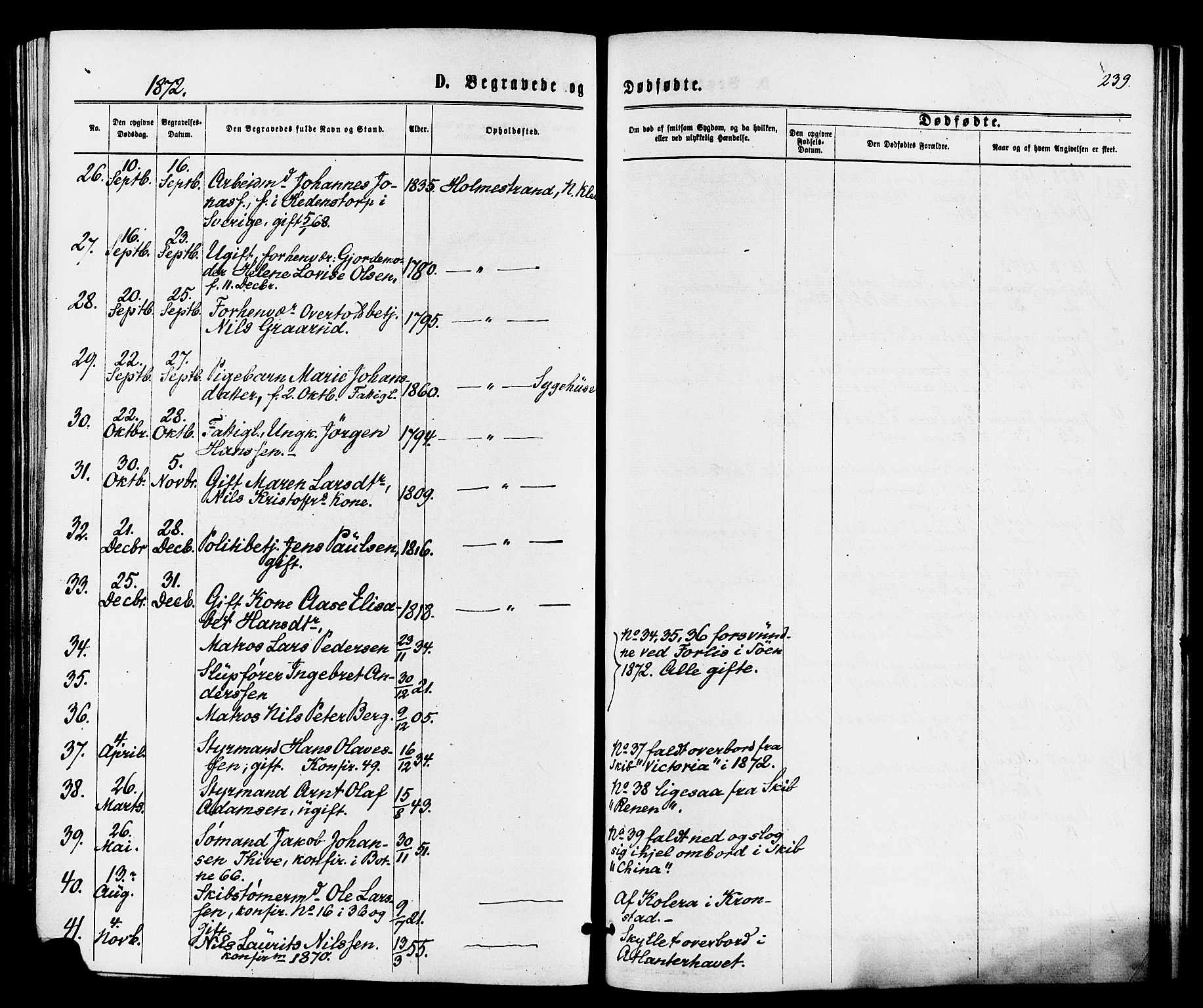 Holmestrand kirkebøker, AV/SAKO-A-346/F/Fa/L0003: Parish register (official) no. 3, 1867-1879, p. 239