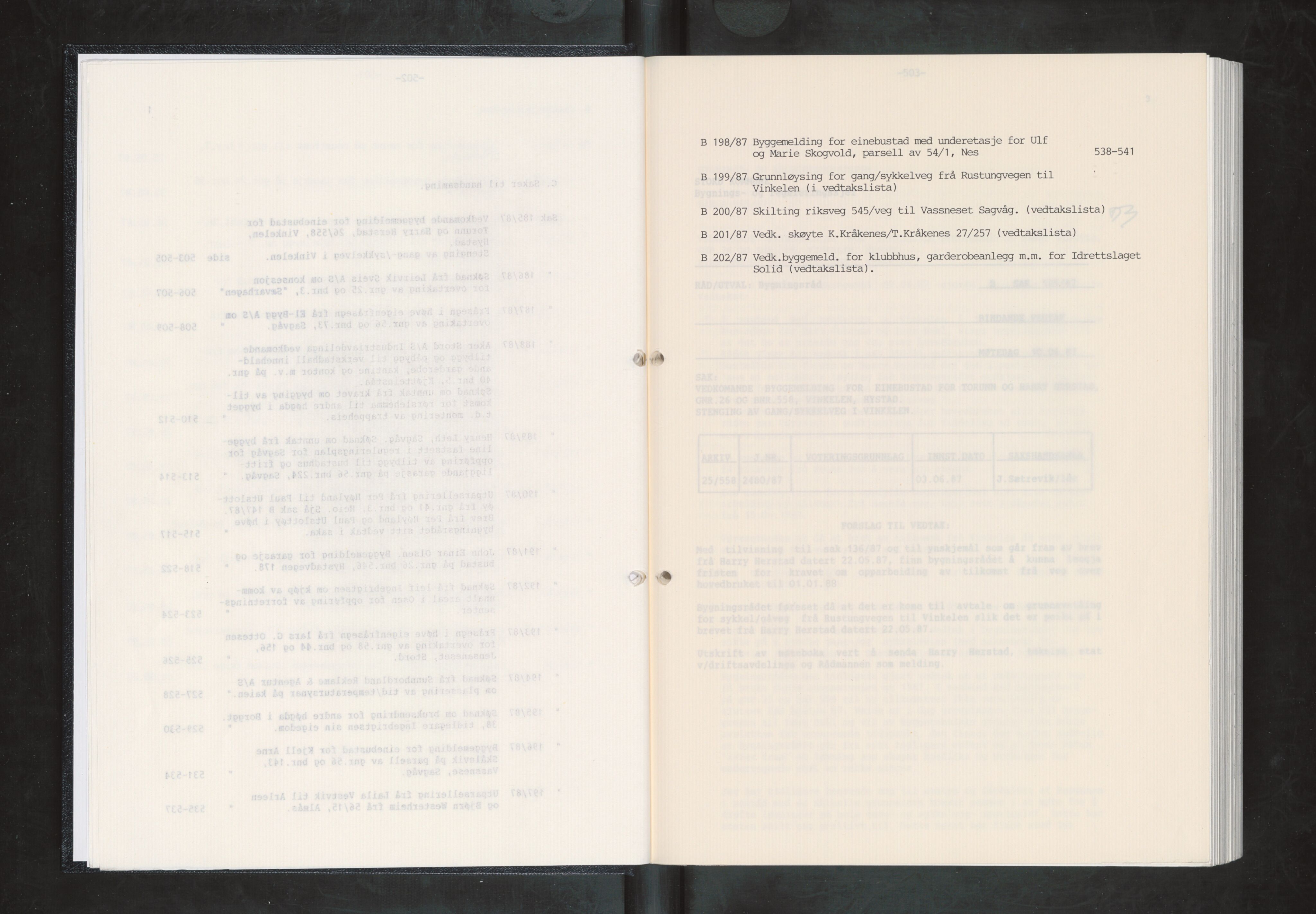 Stord kommune. Bygningsrådet, IKAH/1221-511/A/Aa/L0057: Møtebok for Stord bygningsråd, 1987