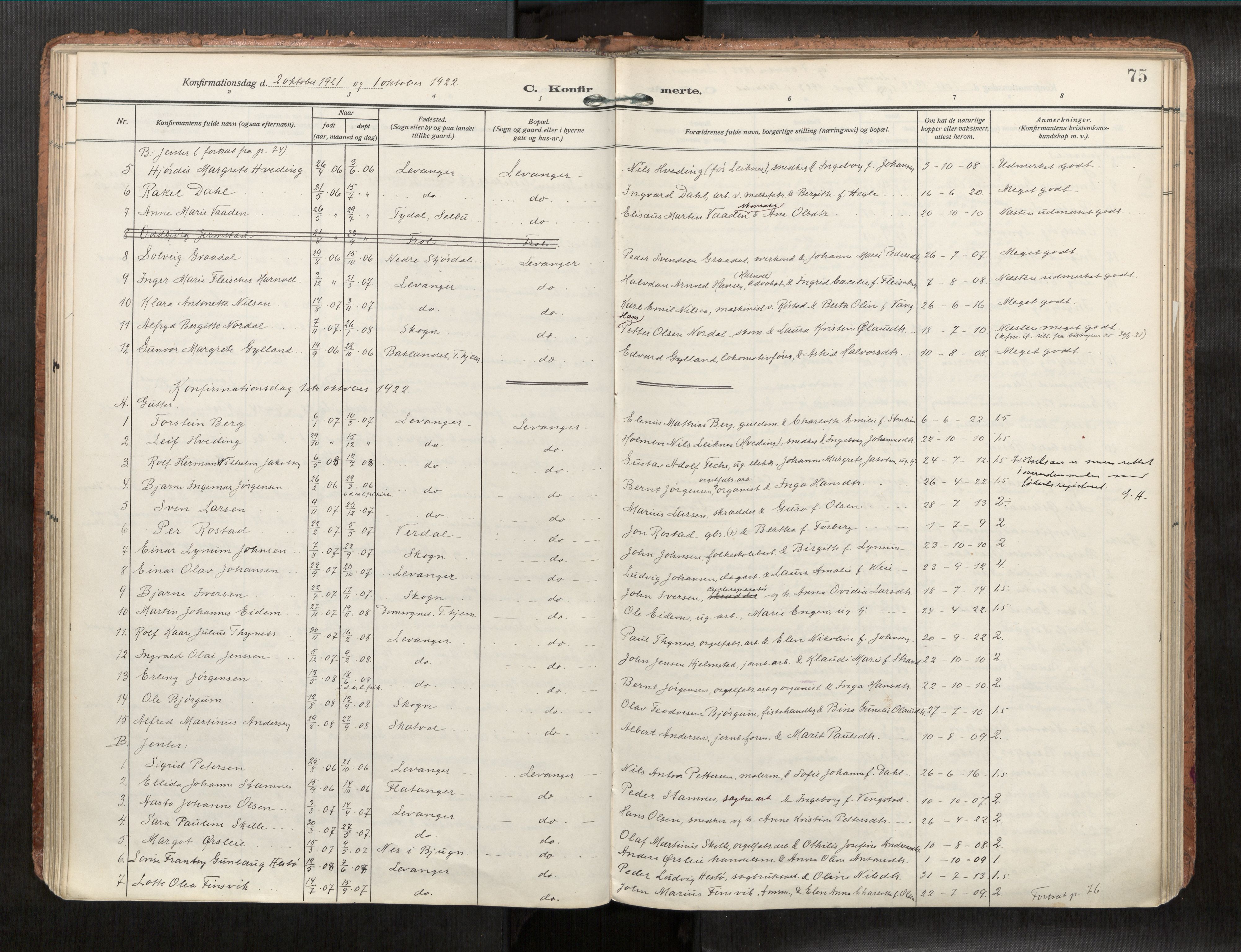 Levanger sokneprestkontor, SAT/A-1301/2/H/Haa/L0001: Parish register (official) no. 1, 1912-1932, p. 75