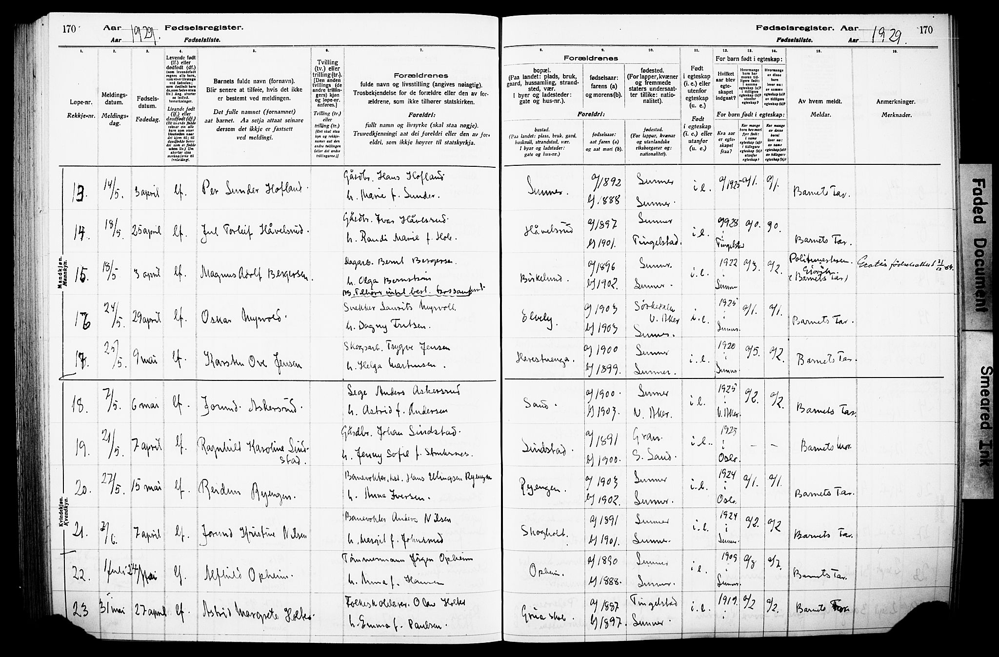 Lunner prestekontor, AV/SAH-PREST-118/I/Id/L0001: Birth register no. 1, 1916-1932, p. 170