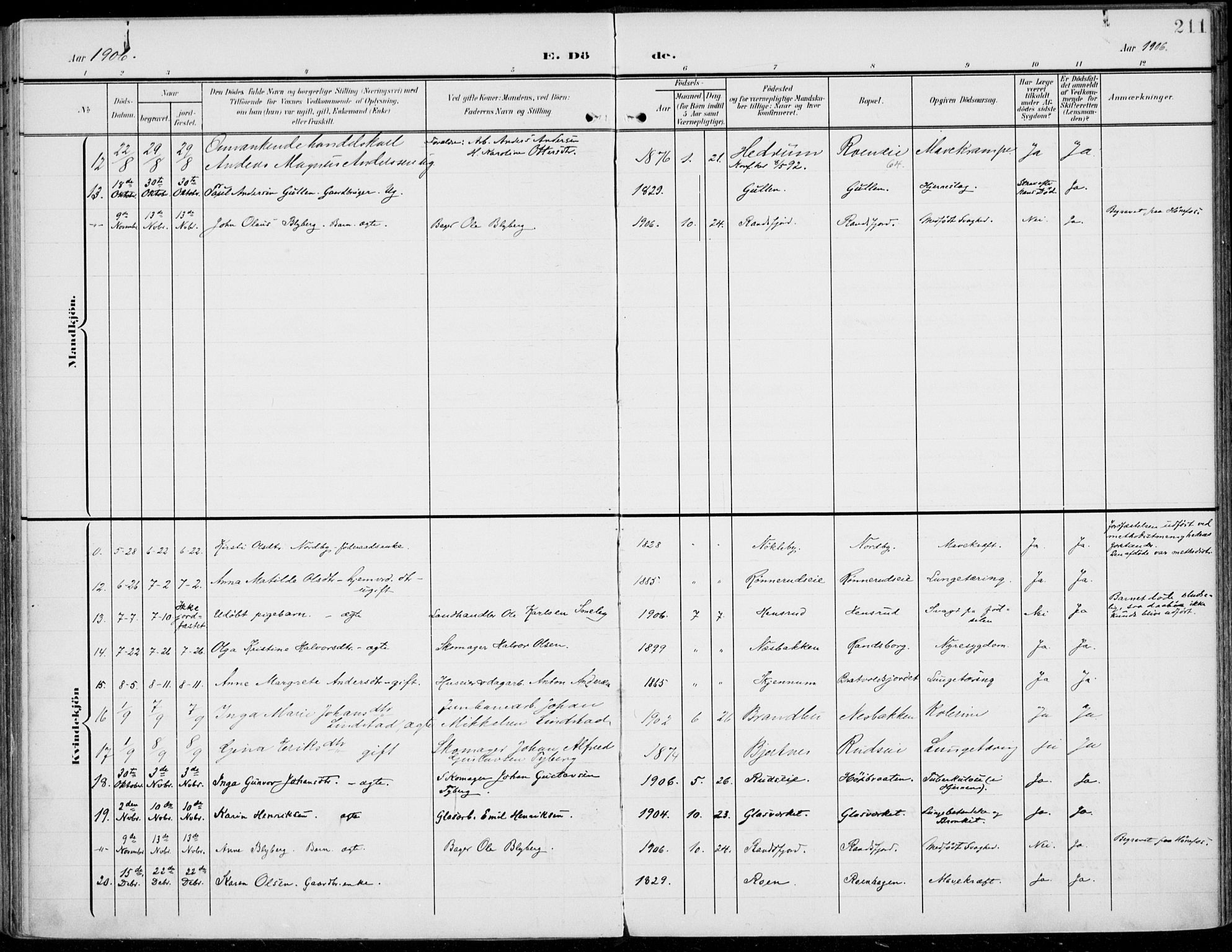 Jevnaker prestekontor, SAH/PREST-116/H/Ha/Haa/L0011: Parish register (official) no. 11, 1902-1913, p. 211
