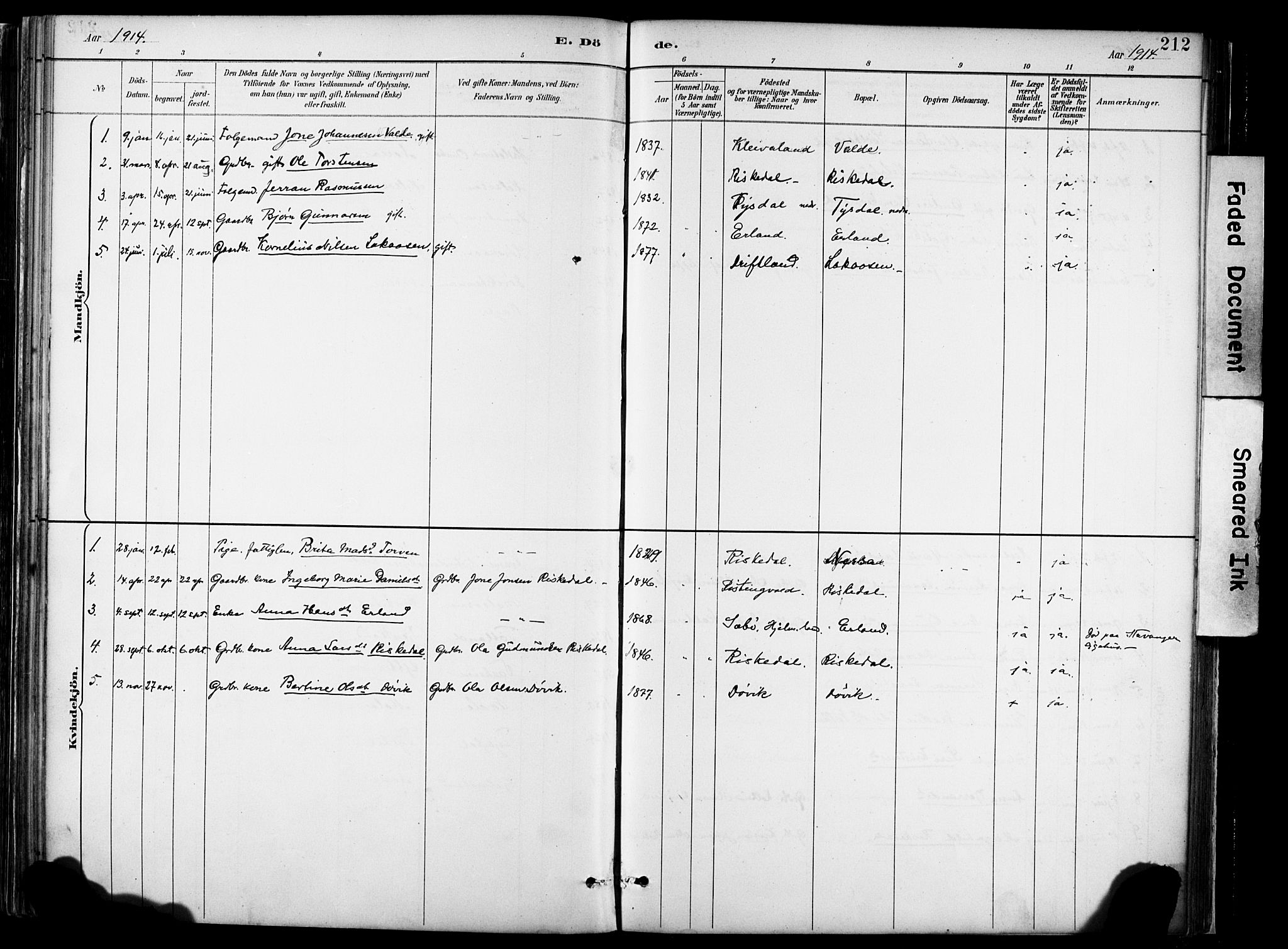 Hjelmeland sokneprestkontor, AV/SAST-A-101843/02/A/L0001: Parish register (official) no. A 16, 1887-1926, p. 212