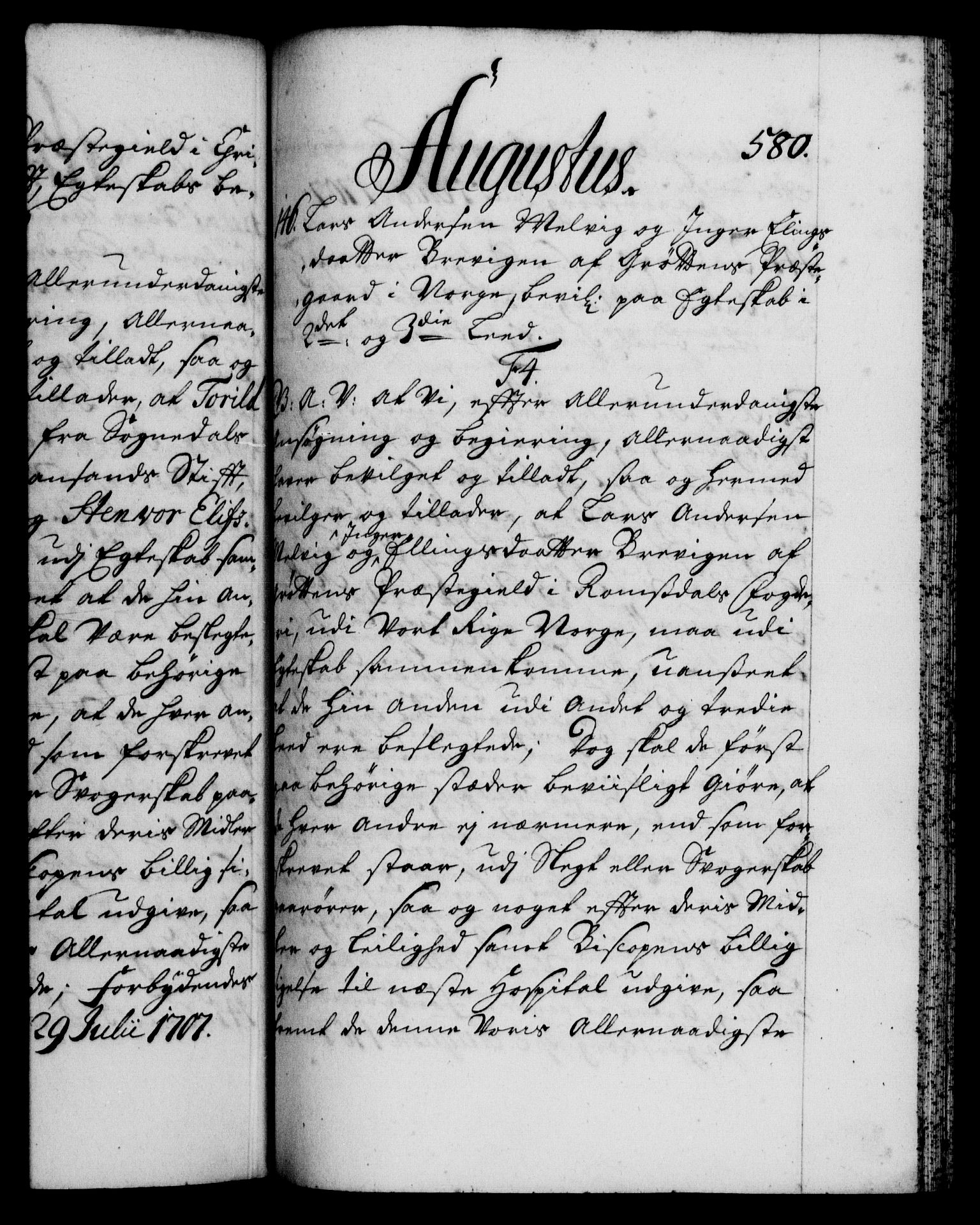 Danske Kanselli 1572-1799, RA/EA-3023/F/Fc/Fca/Fcaa/L0019: Norske registre, 1704-1707, p. 580a