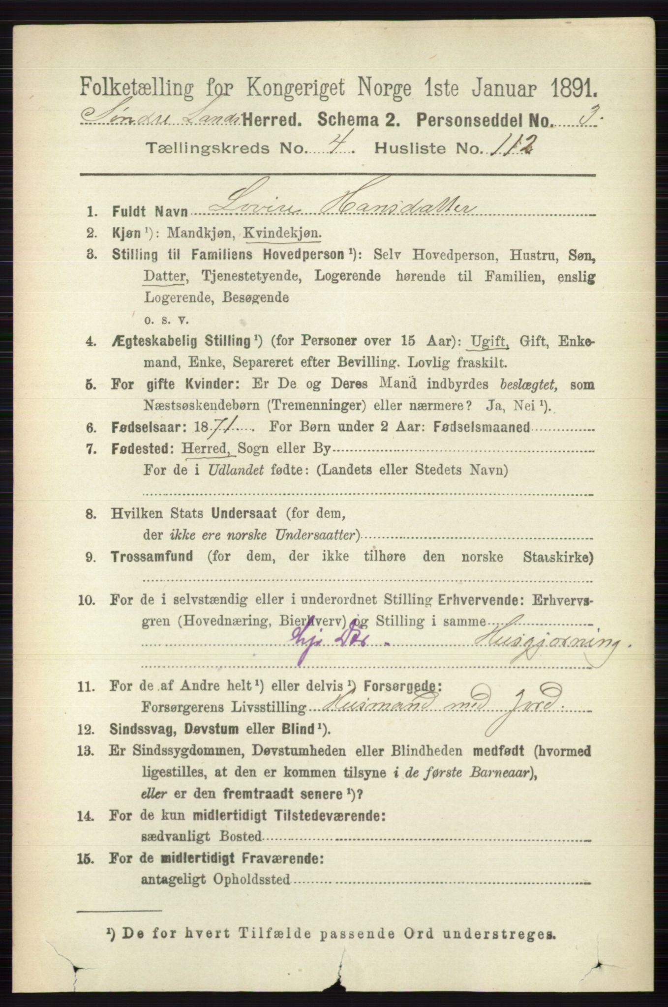 RA, 1891 census for 0536 Søndre Land, 1891, p. 4653