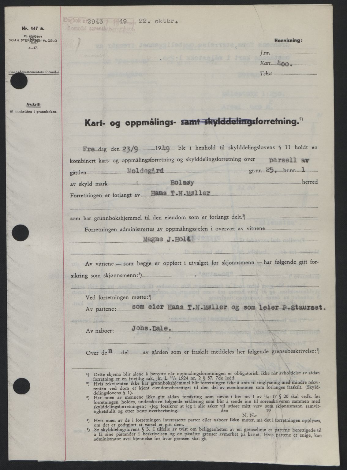 Romsdal sorenskriveri, AV/SAT-A-4149/1/2/2C: Mortgage book no. A31, 1949-1949, Diary no: : 2943/1949