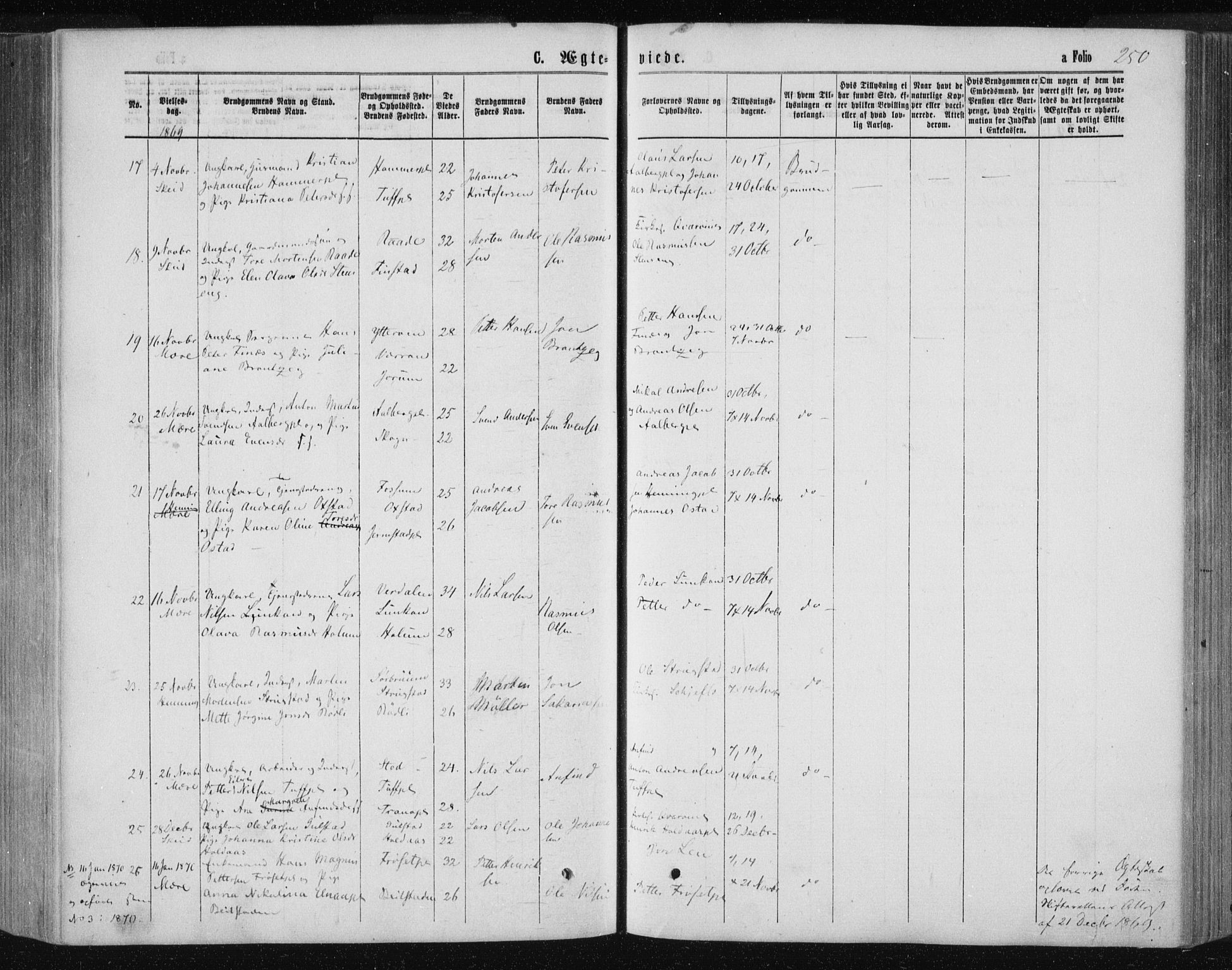 Ministerialprotokoller, klokkerbøker og fødselsregistre - Nord-Trøndelag, SAT/A-1458/735/L0345: Parish register (official) no. 735A08 /1, 1863-1872, p. 250