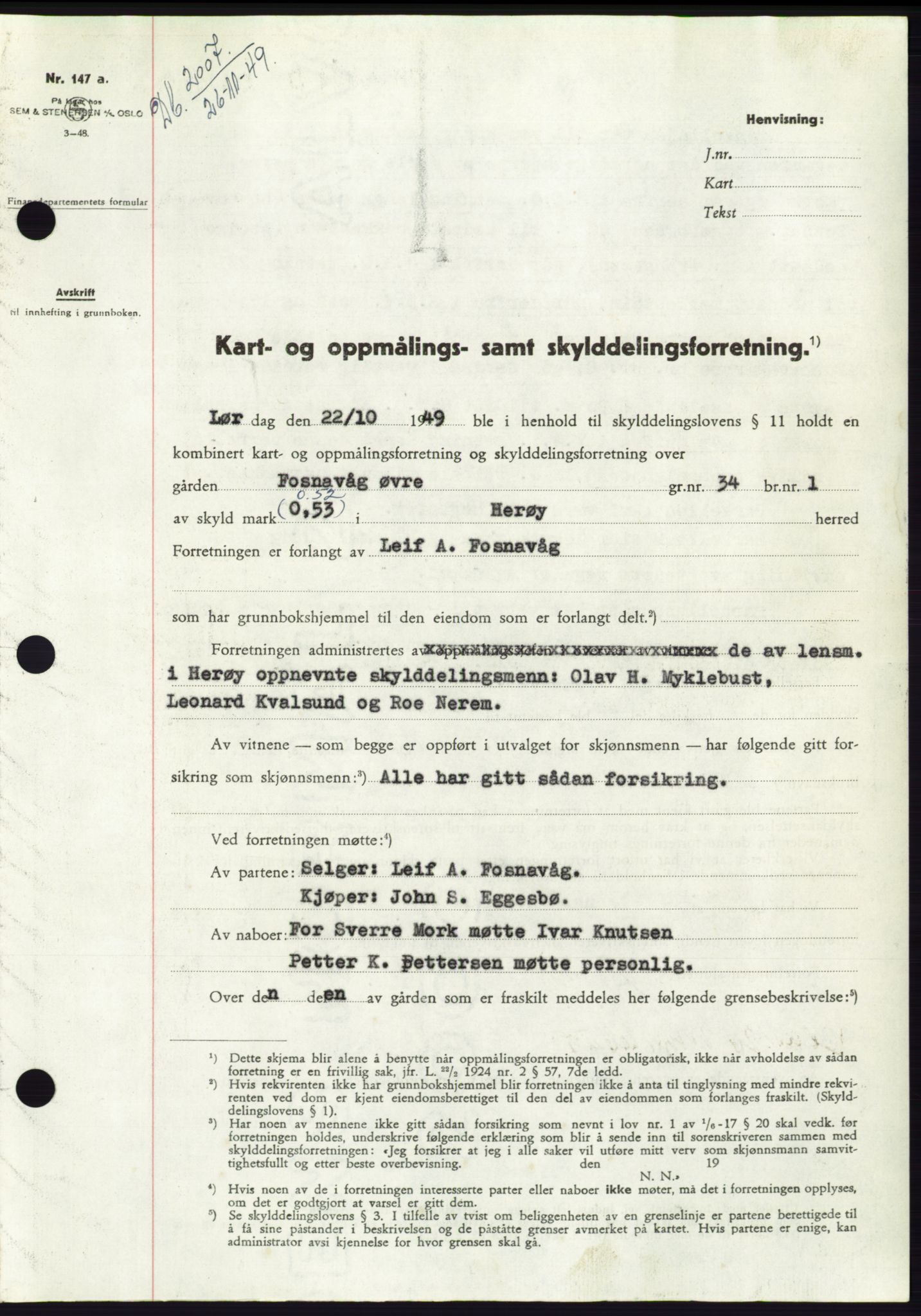 Søre Sunnmøre sorenskriveri, AV/SAT-A-4122/1/2/2C/L0085: Mortgage book no. 11A, 1949-1949, Diary no: : 2007/1949